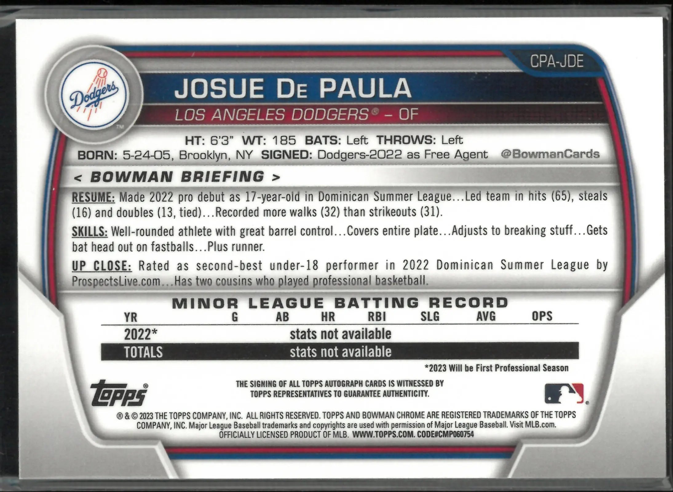 2023 Topps Autograph Rookie 1st Bowman Josue De Paula Auto RC 