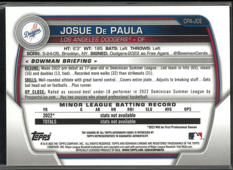 2023 Topps Autograph Rookie 1st Bowman Josue De Paula Auto RC 