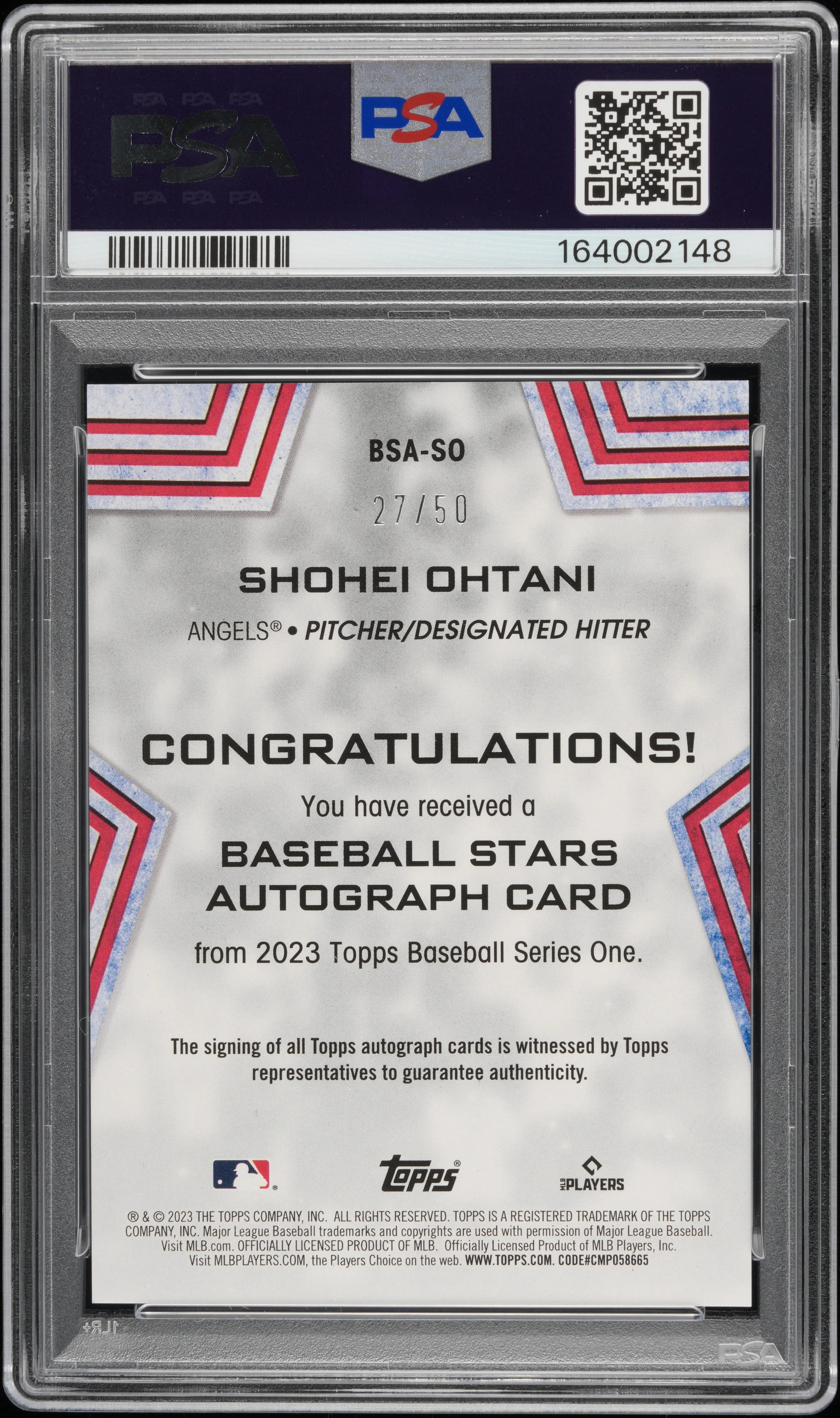 2023 Topps Baseball Stars Autographs Shohei Ohtani Auto Gold /50 PSA A Auto 10 