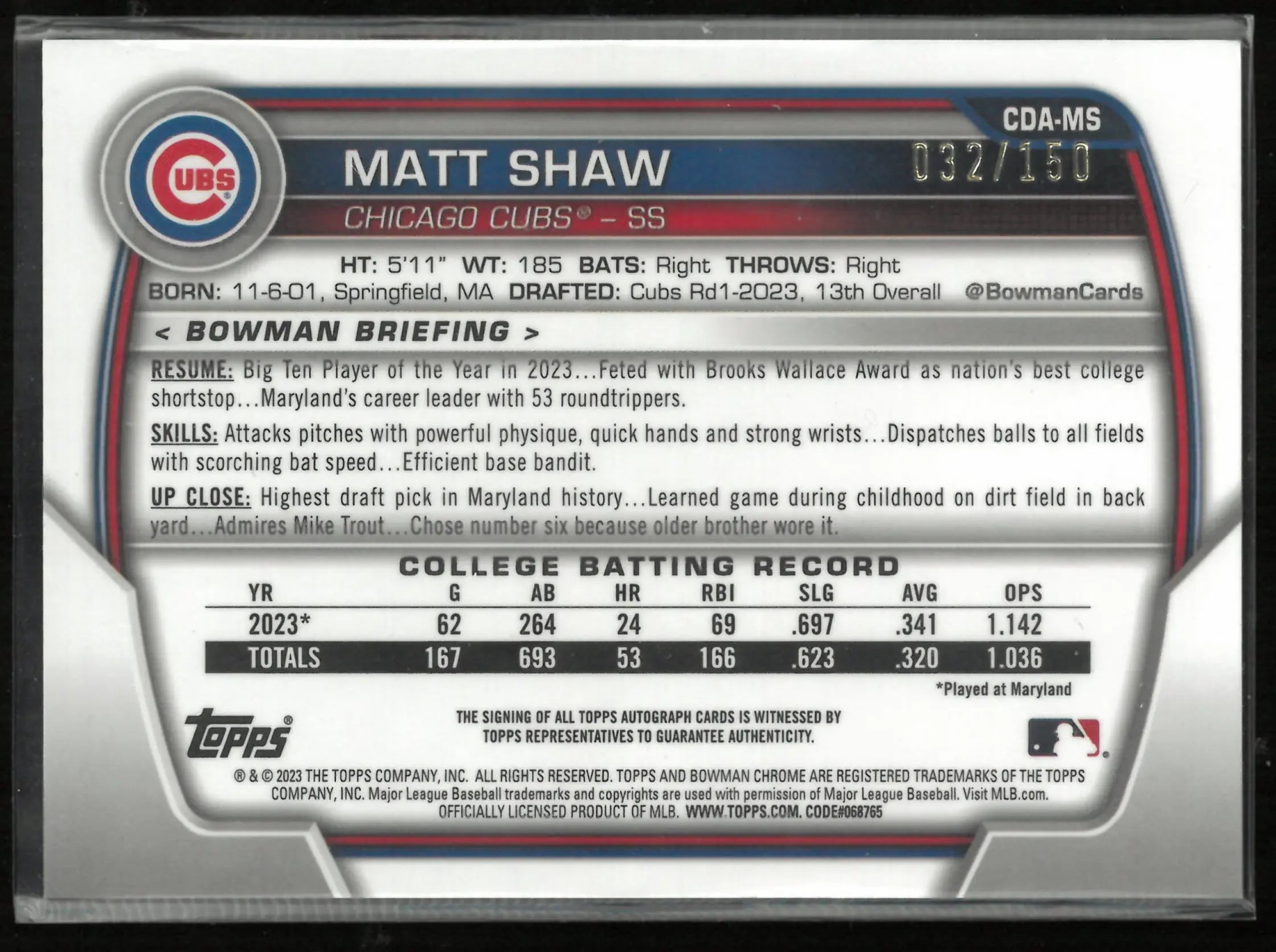 2023 Topps Bowman Chrome Autograph Matt Shaw Auto Blue Wave /150 