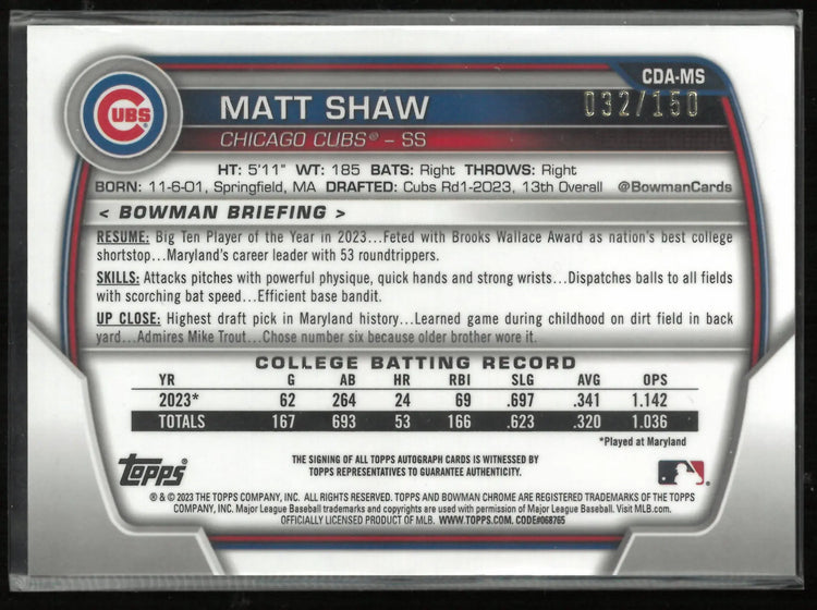 2023 Topps Bowman Chrome Autograph Matt Shaw Auto Blue Wave /150 
