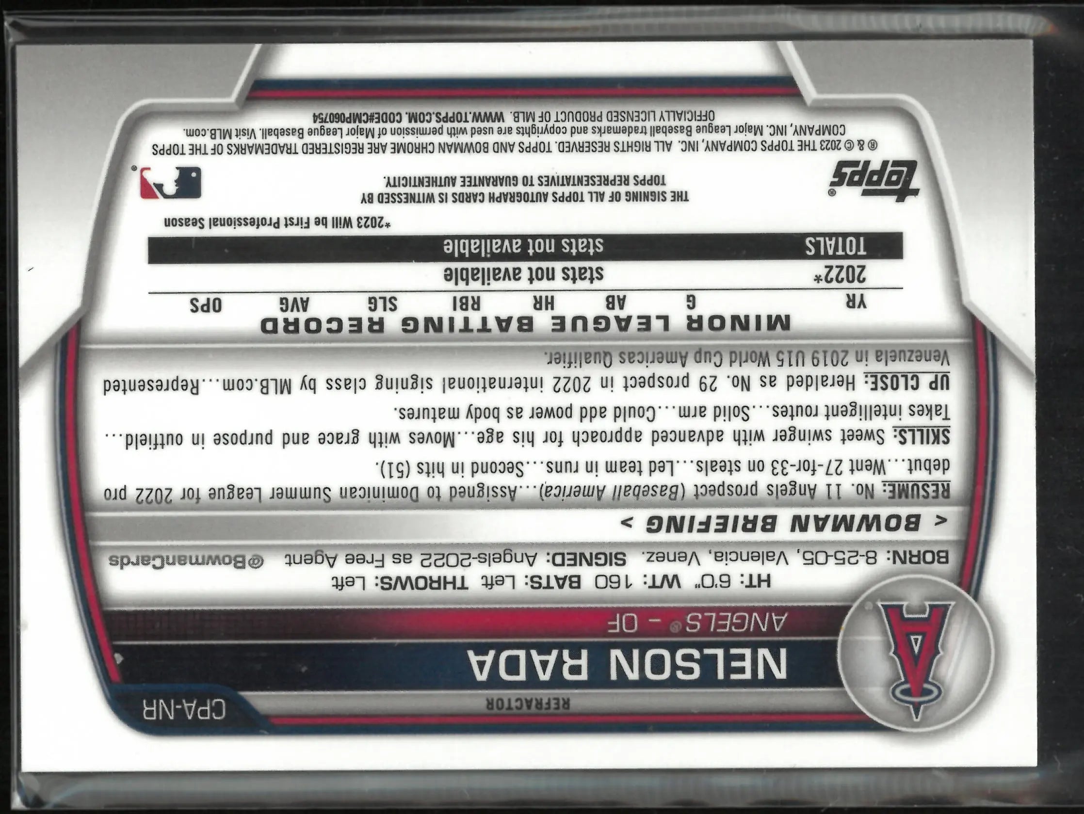 2023 Topps Bowman Chrome Autograph Nelson Rada Auto /499 