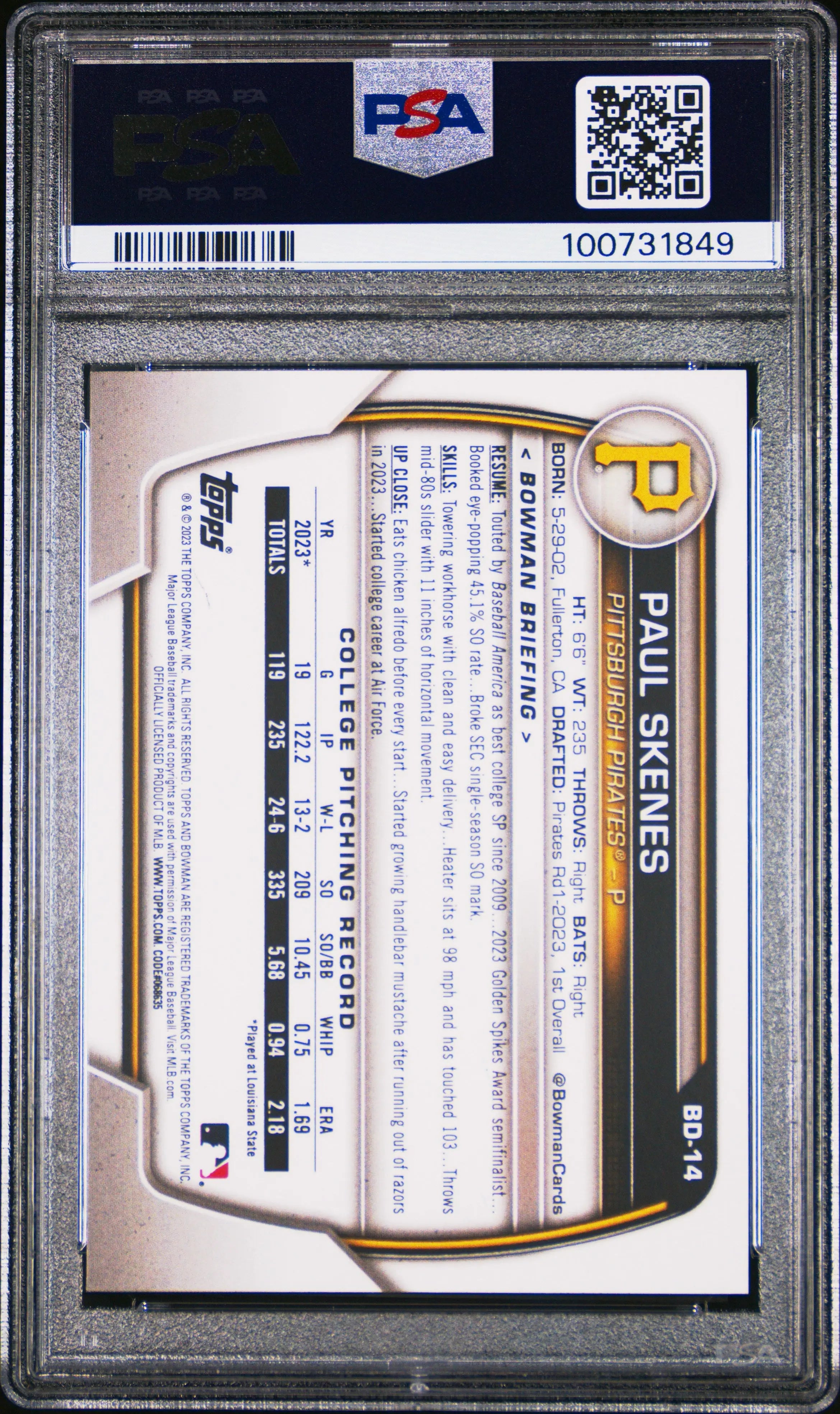 2023 Topps Bowman Draft Paul Skenes PSA 10 