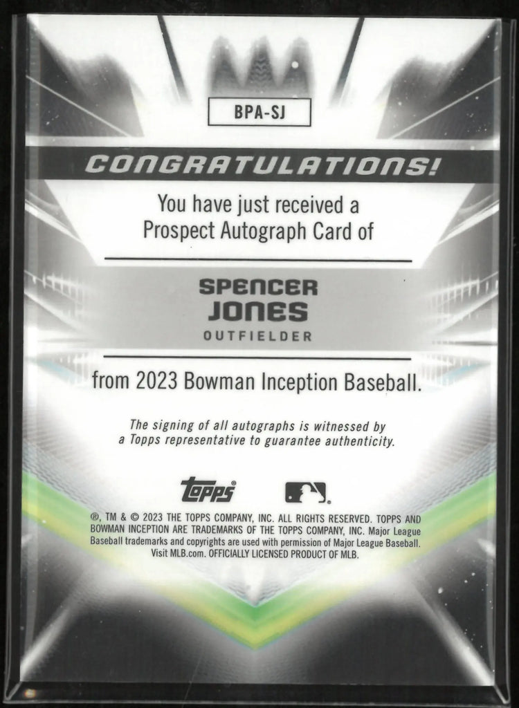 2023 Topps Bowman Inception Prospects Autograph Spencer Jones 16/75 