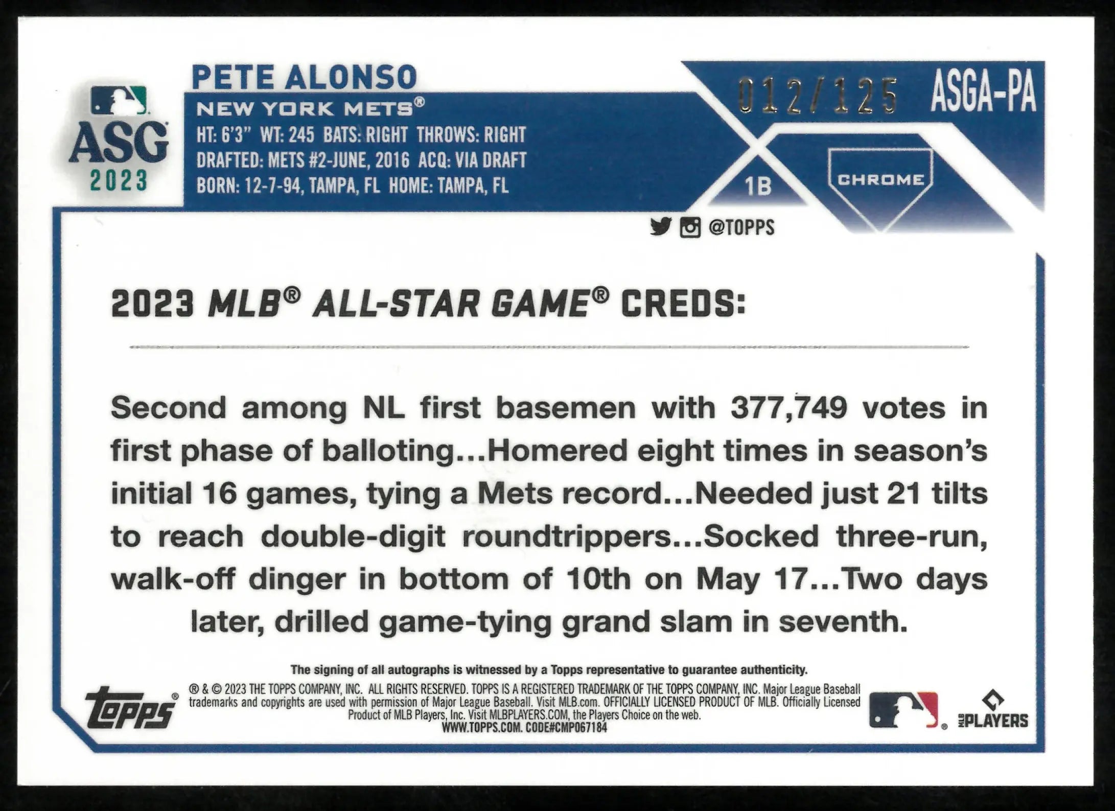 2023 Topps Chrome Baseball X-Fractor All Star Game Auto Pete Alonso /125 