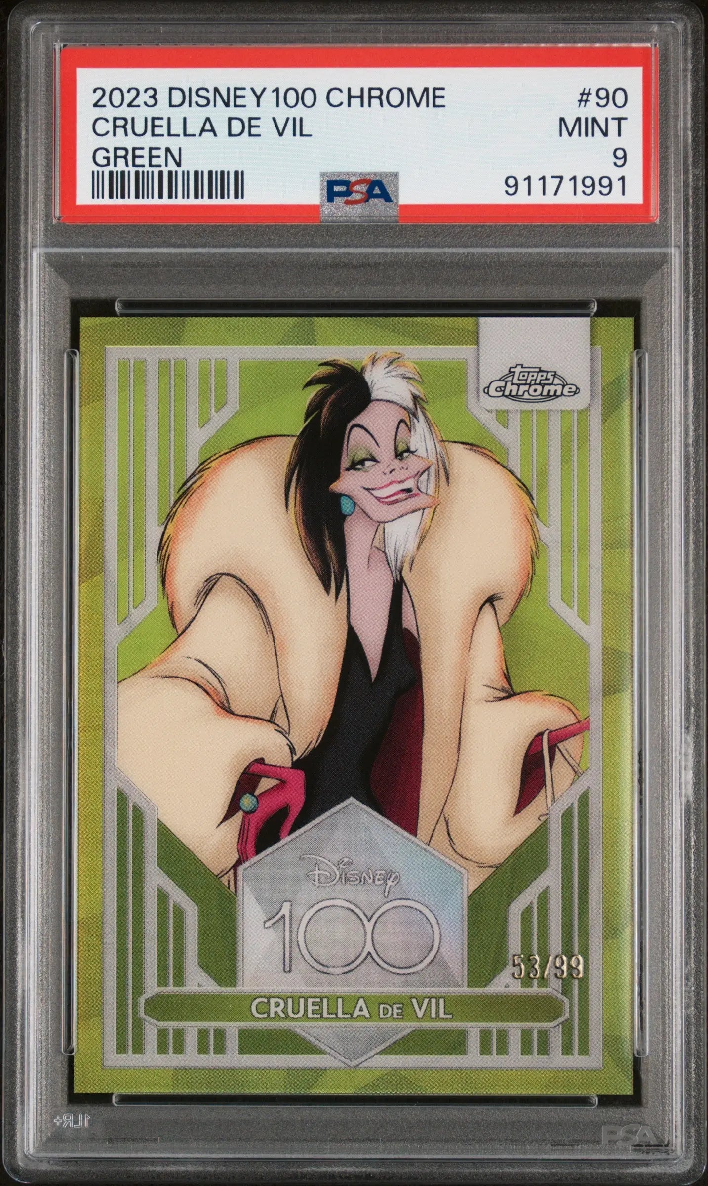 2023 Topps Chrome Disney 100 Cruella De Vil Green /99 PSA 9 