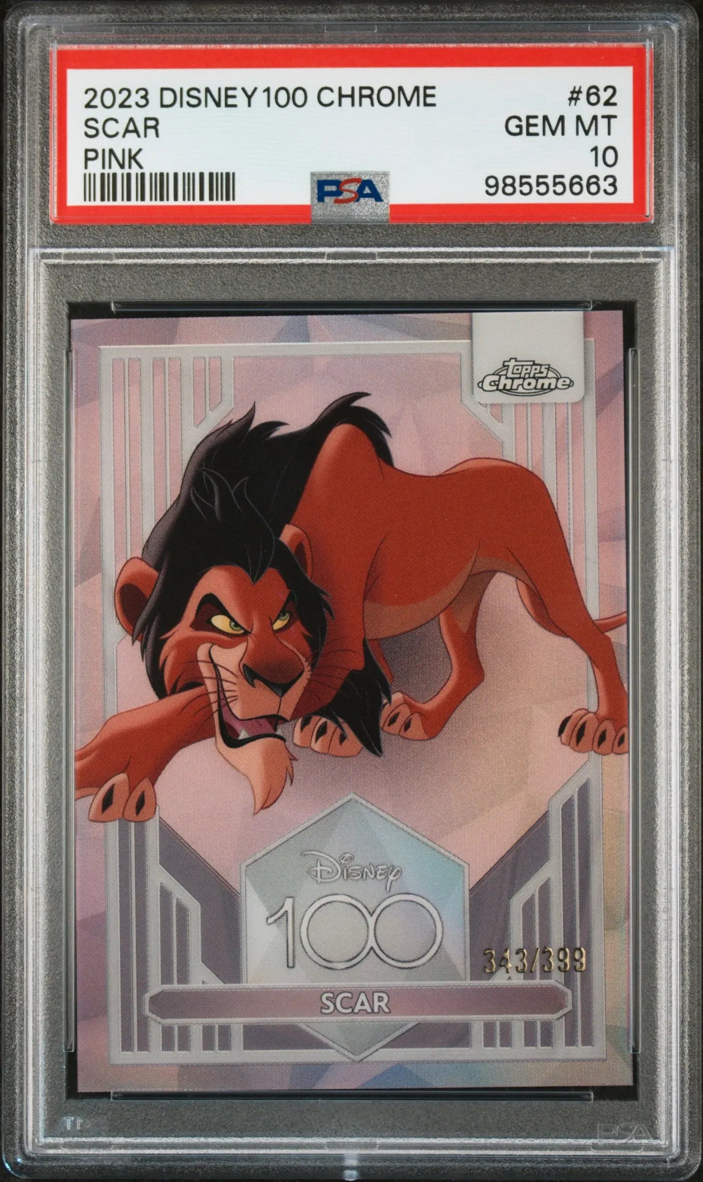 2023 Topps Chrome Disney 100 Scar Pink /399 PSA 10 