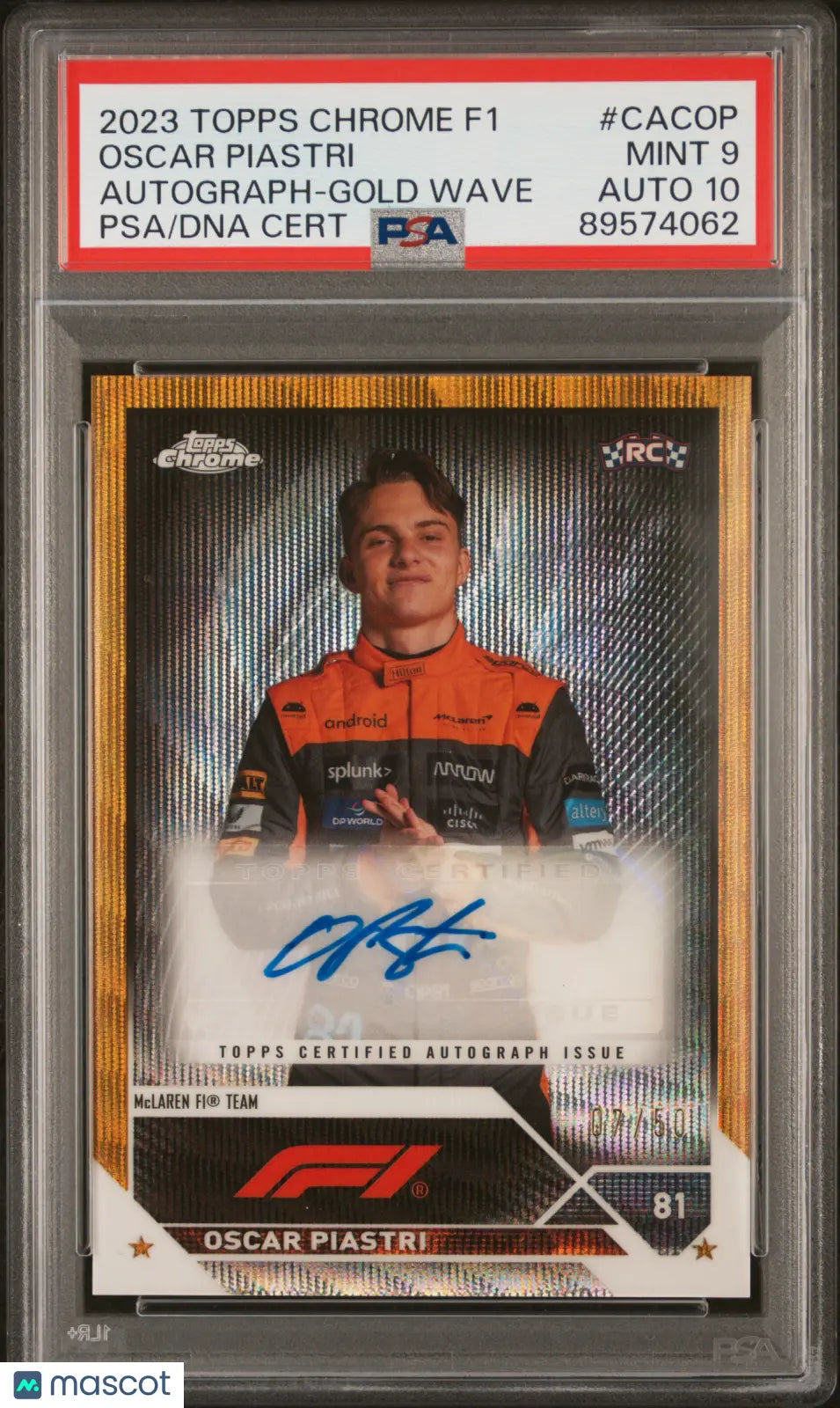 2023 Topps Chrome F1 Chrome Autographs Oscar Piastri Gold Wave PSA 9 Auto 10 