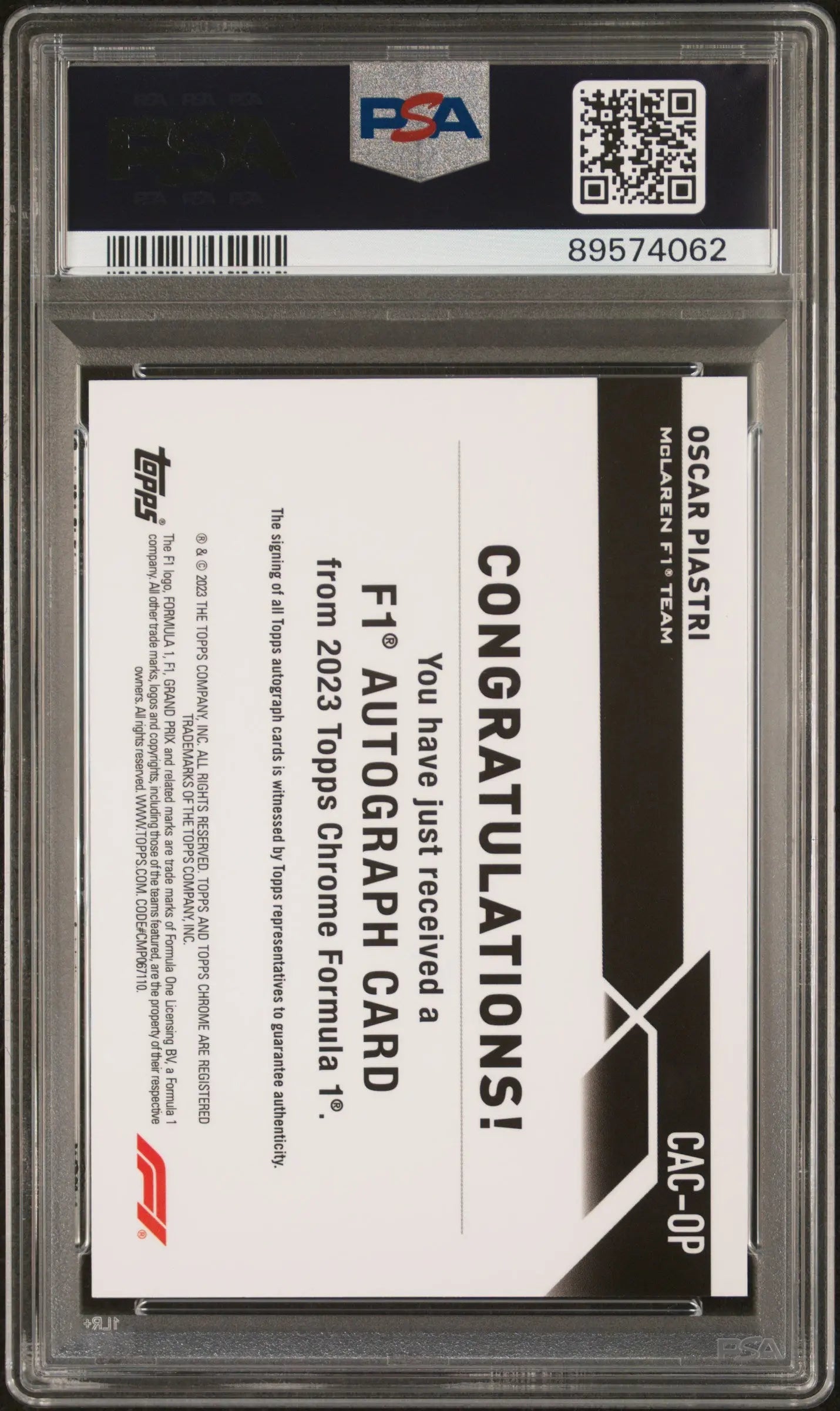 2023 Topps Chrome F1 Chrome Autographs Oscar Piastri Gold Wave PSA 9 Auto 10 