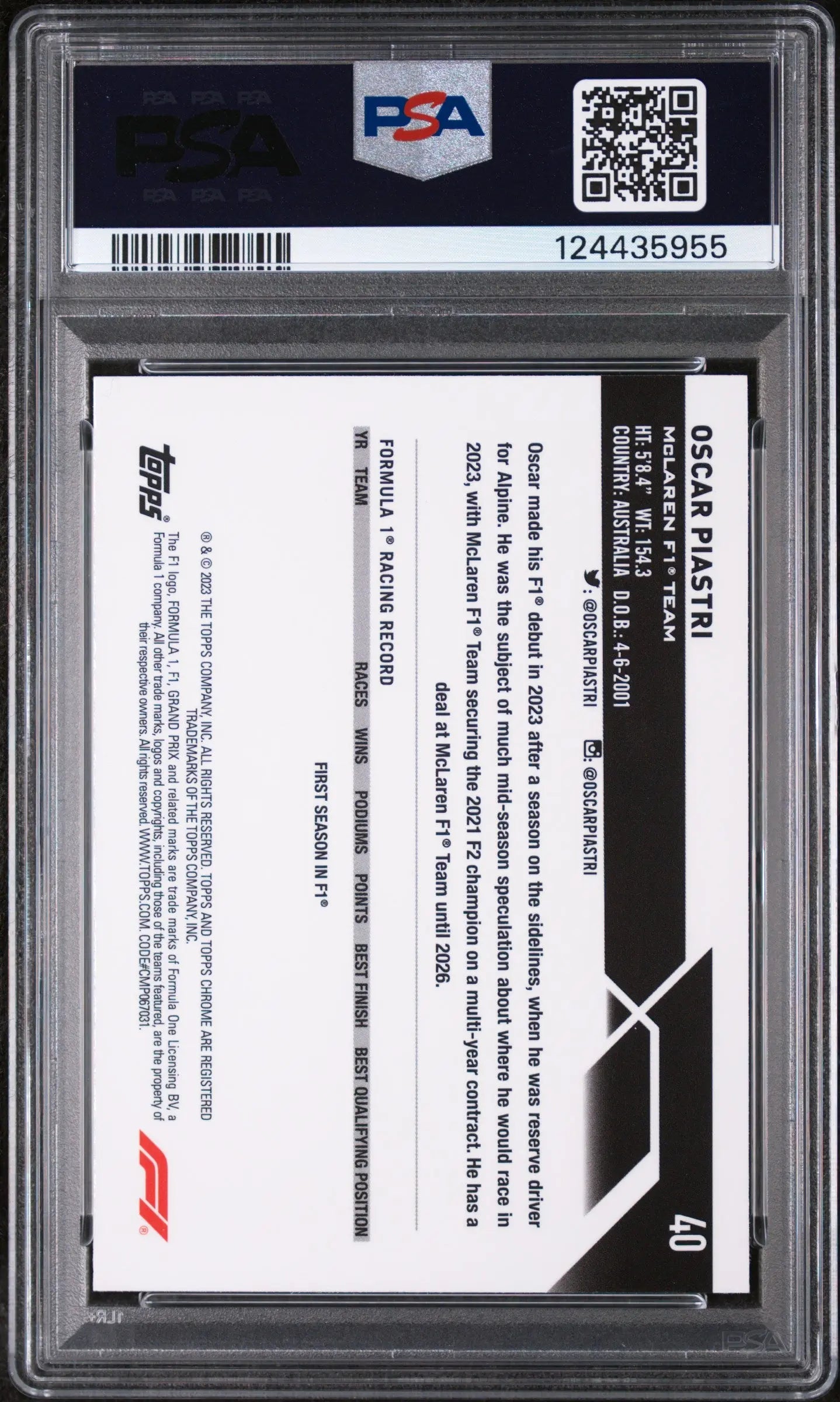 2023 Topps Chrome Formula 1 Oscar Piastri #40 Fuchsia Lava 209/250 PSA 10 