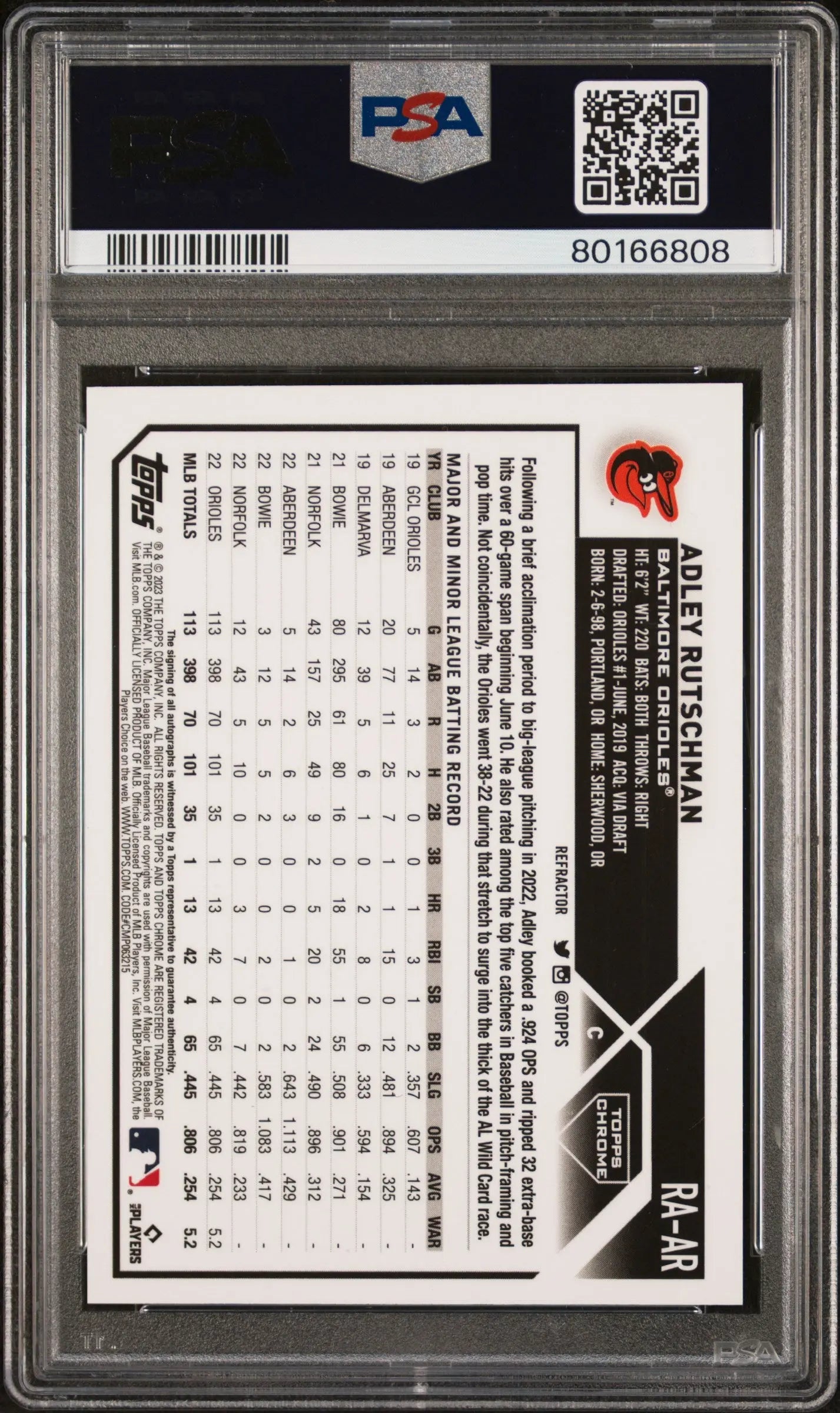 2023 Topps Chrome Rookie Autograph Adley Rutschman #RAAR Refractor 096/499 PSA 9 Auto 10 