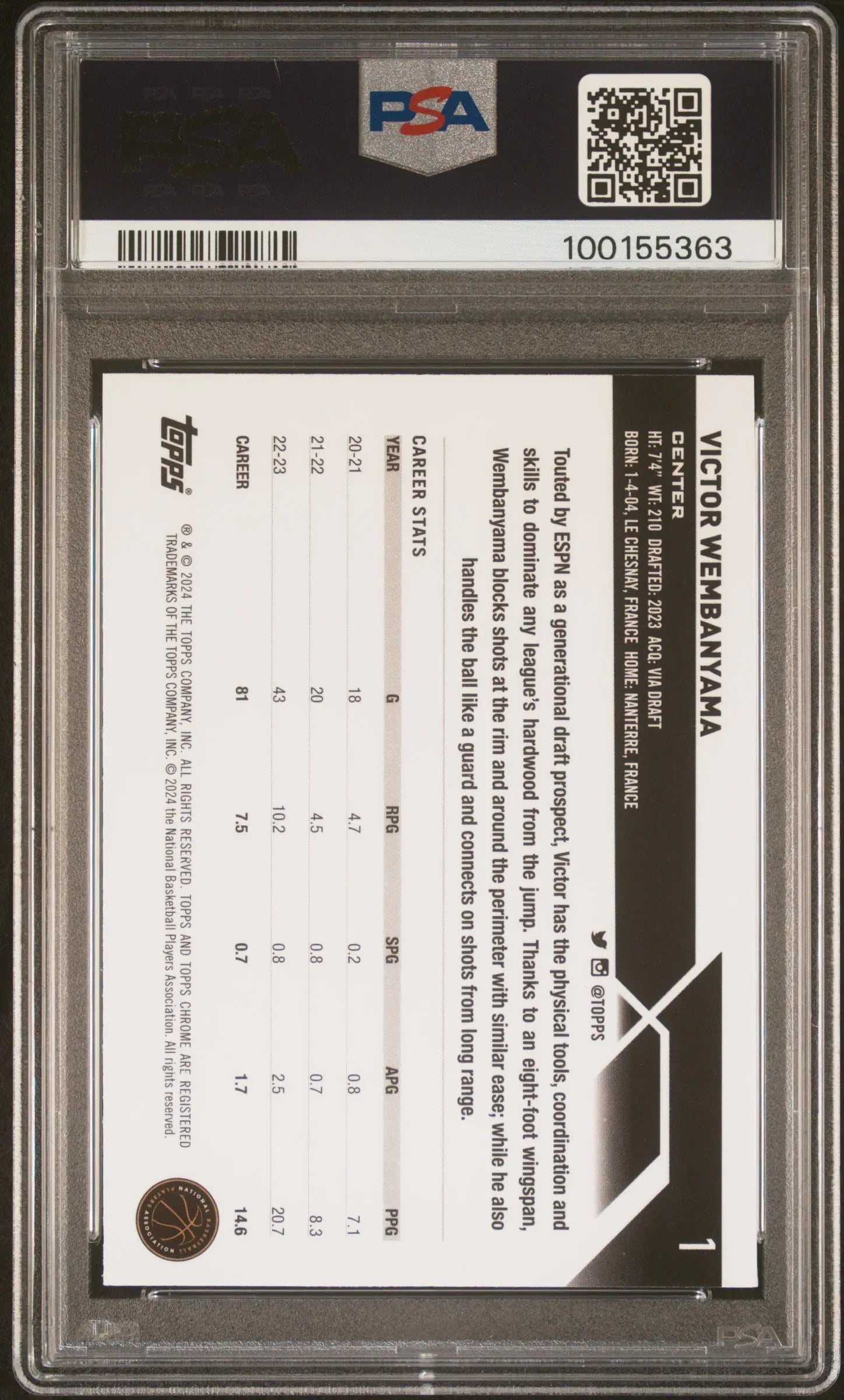 2023 Topps Chrome Rookie Victor Wembanyama Purple Geometric /119 RC PSA 9 