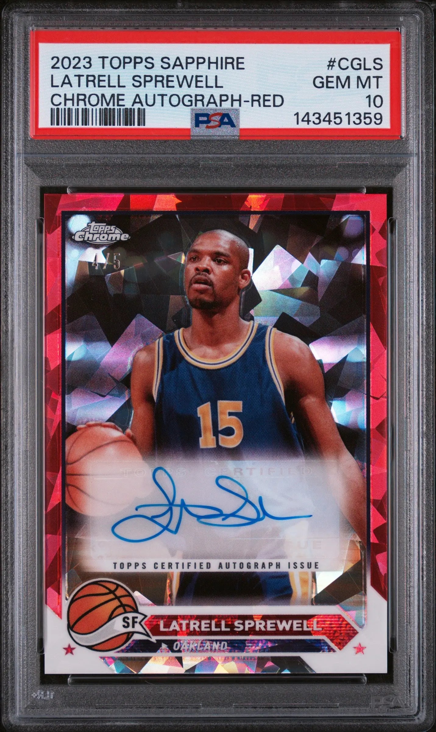 2023 Topps Chrome Sapphire Edition Auto Latrell Sprewell Red /5 PSA 10 