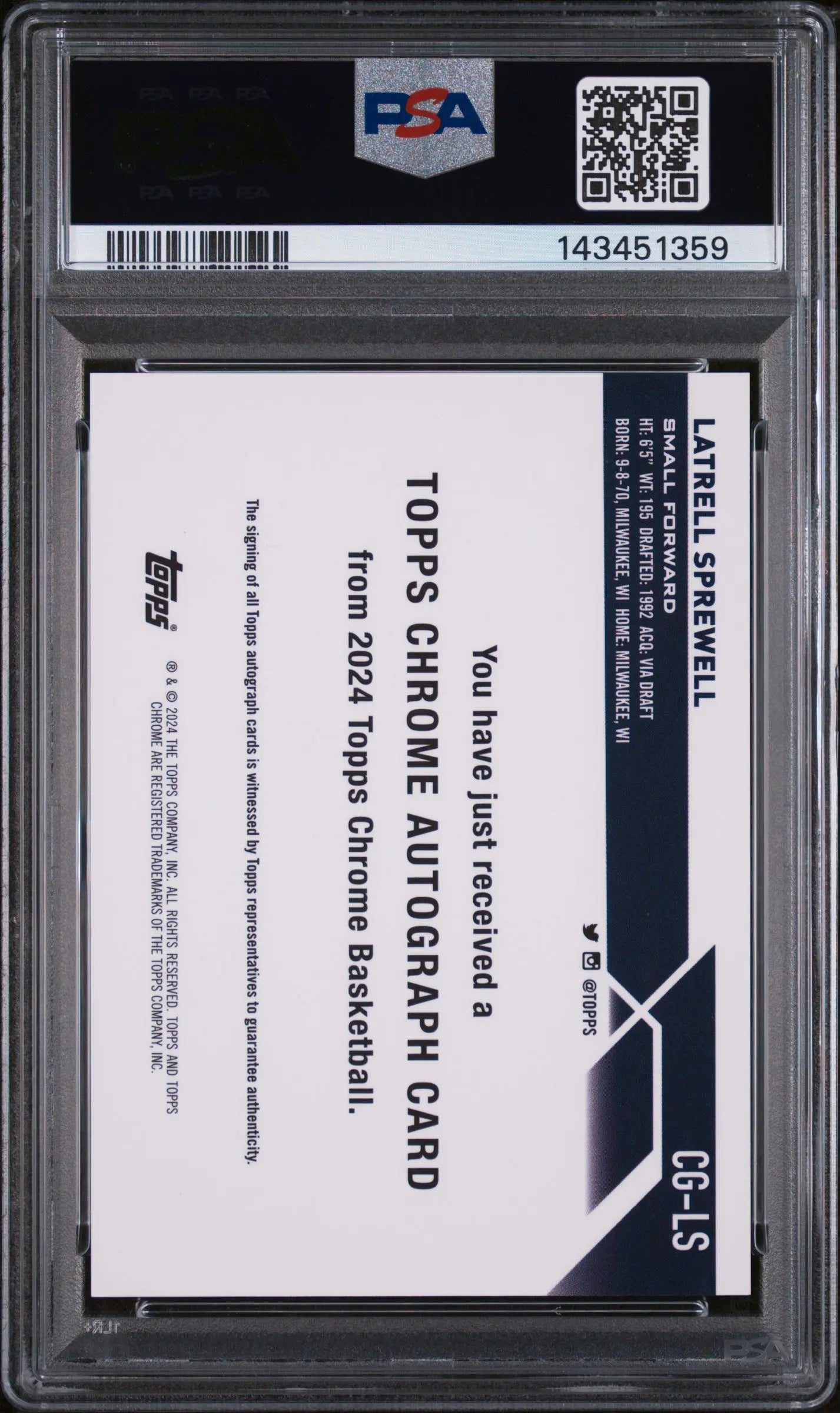 2023 Topps Chrome Sapphire Edition Auto Latrell Sprewell Red /5 PSA 10 