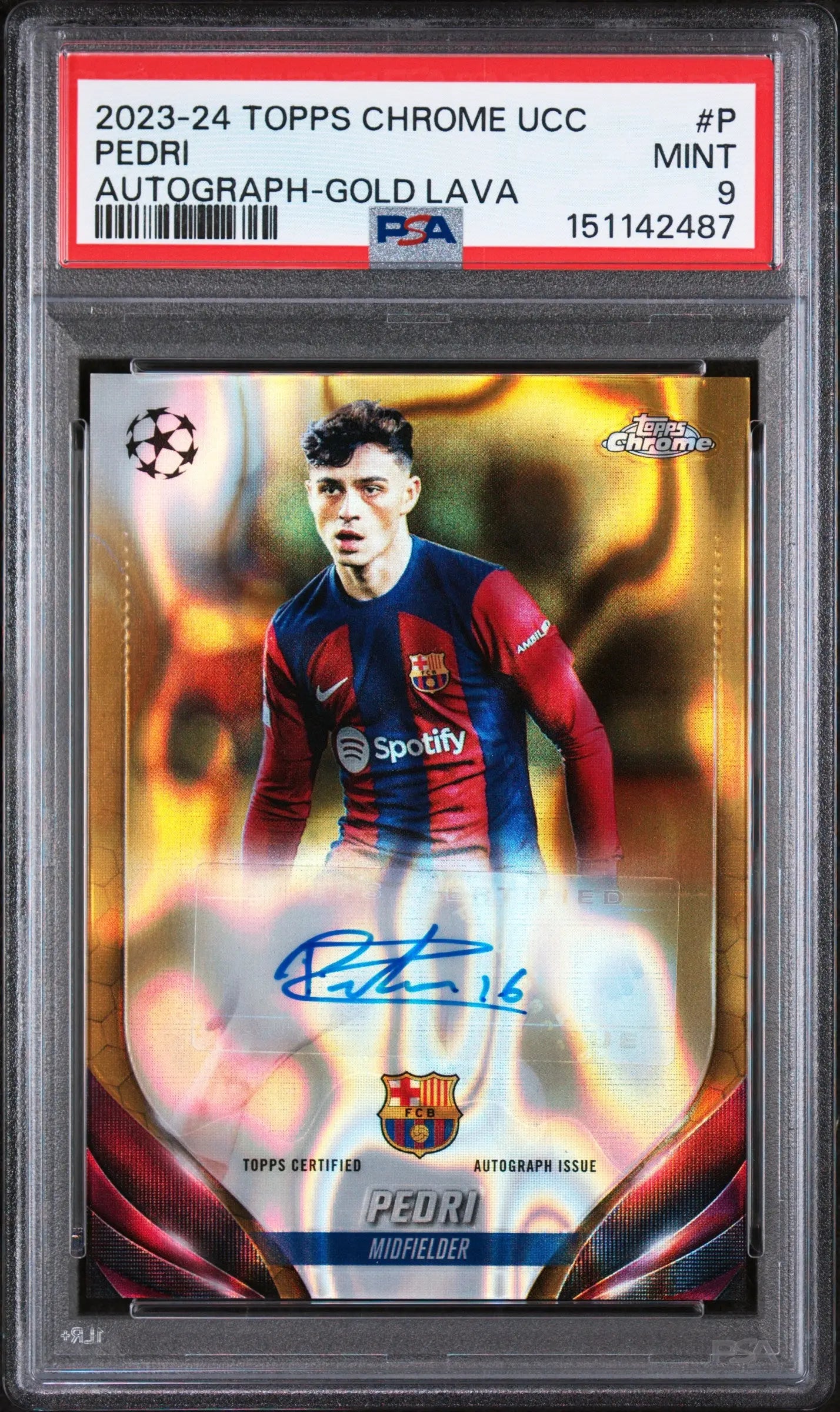 2023 Topps Chrome UEFA Club Competitions Chrome Autographs Pedri Gold Lava PSA 9 