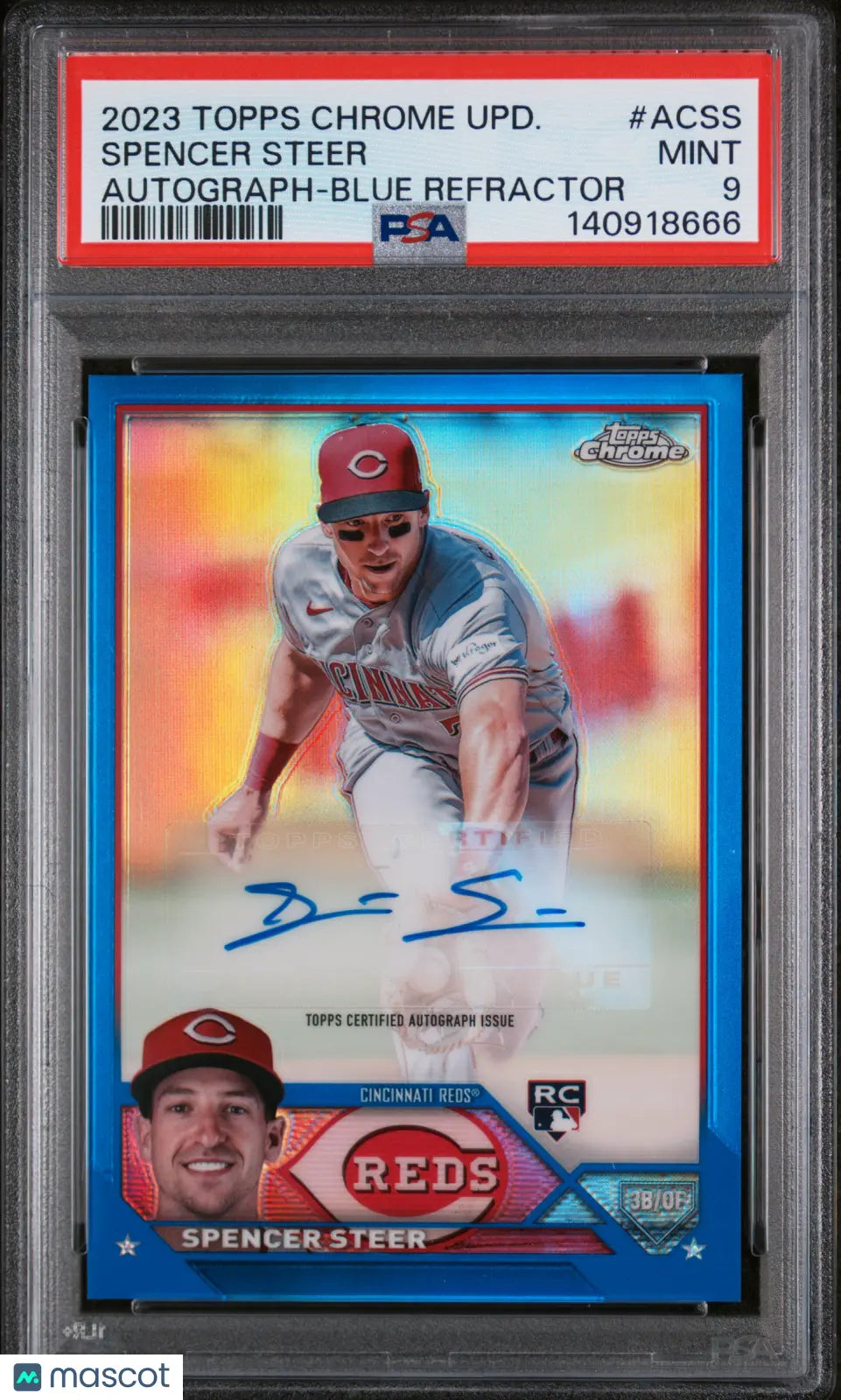 2023 Topps Chrome Update Autograph Spencer Steer #ACSS Blue Refractor PSA 9 