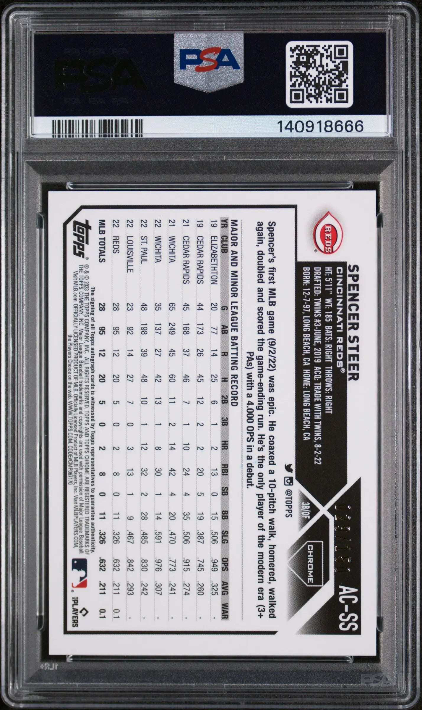 2023 Topps Chrome Update Autograph Spencer Steer #ACSS Blue Refractor PSA 9 