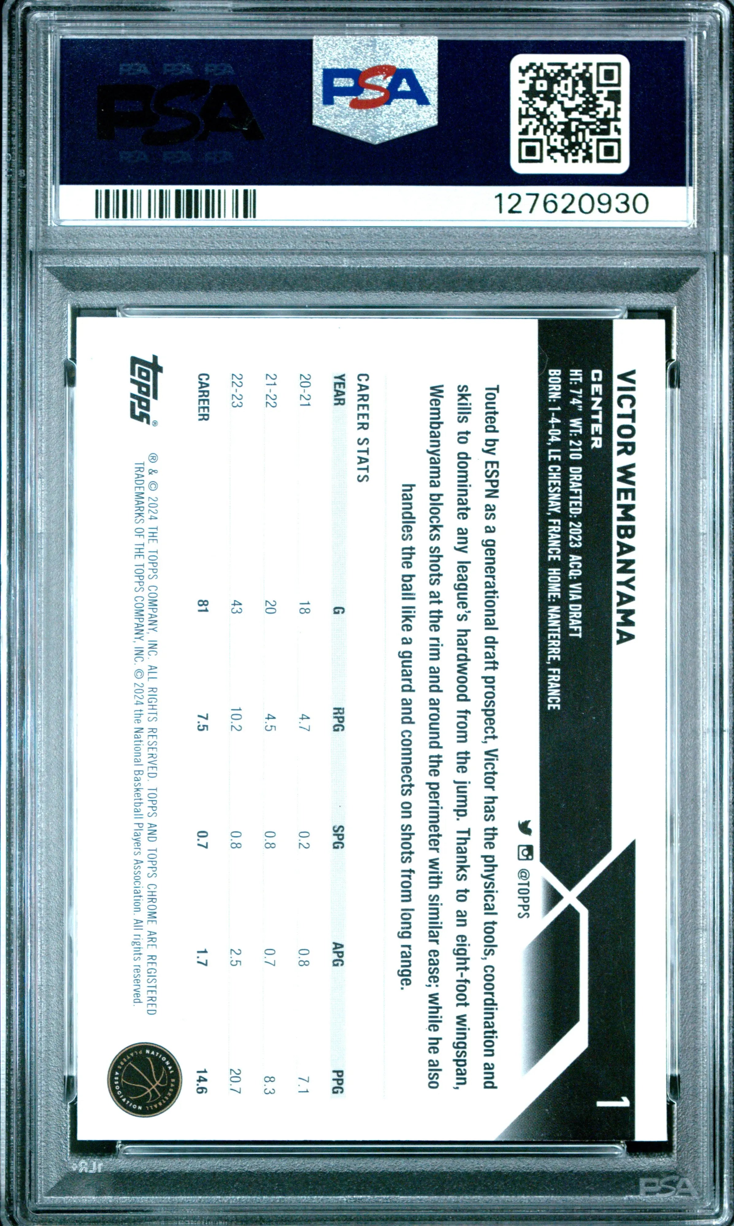2023 Topps Chrome Victor Wembanyama RC Rookie Aqua Refractor /199 PSA 9 