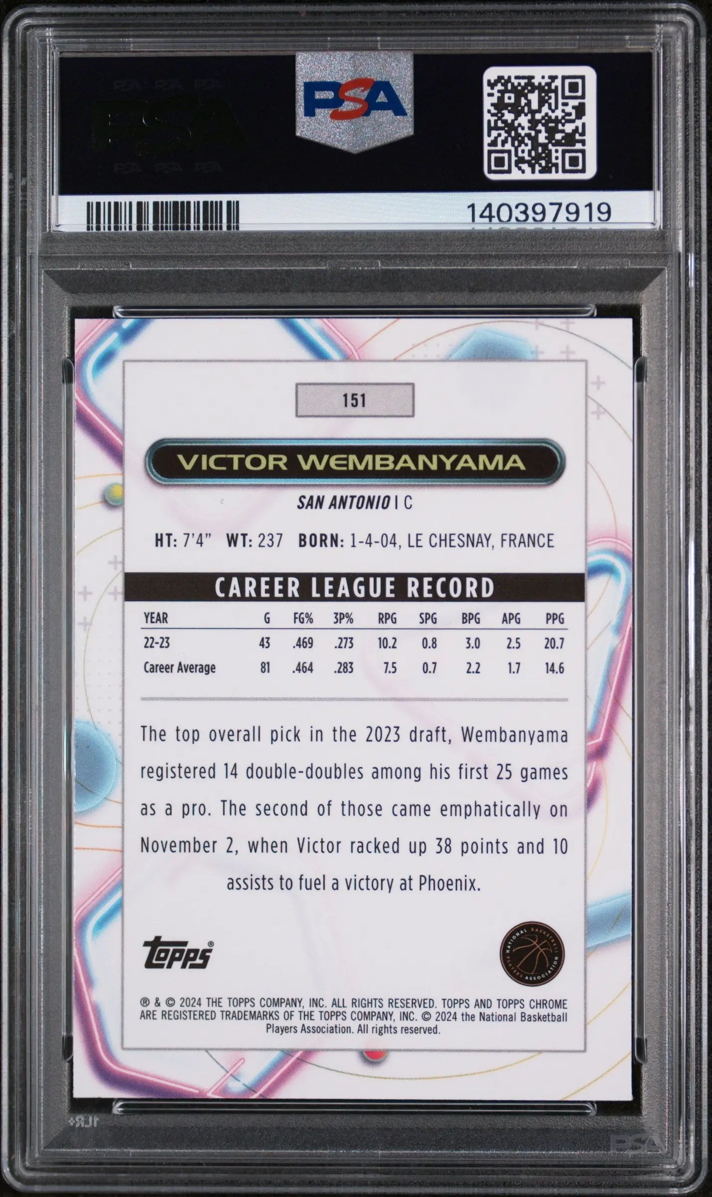 2023 Topps Cosmic Chrome Victor Wembanyama RC Rookie Blue Moon /99 PSA 10 