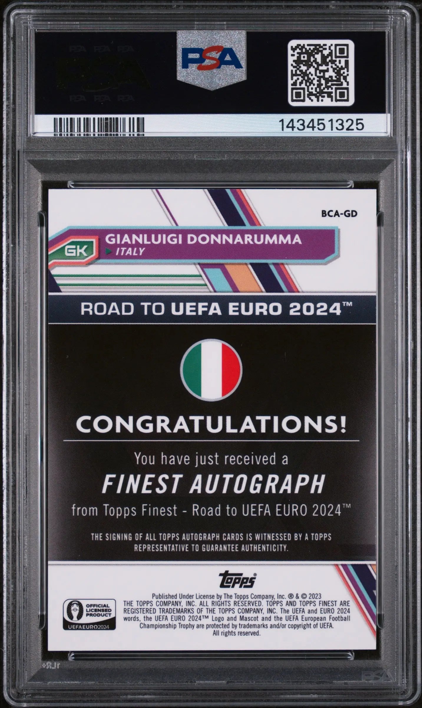 2023 Topps Finest Road To UEFA Euro 2024 Autographs Gianluigi Donnarumma PSA 10 