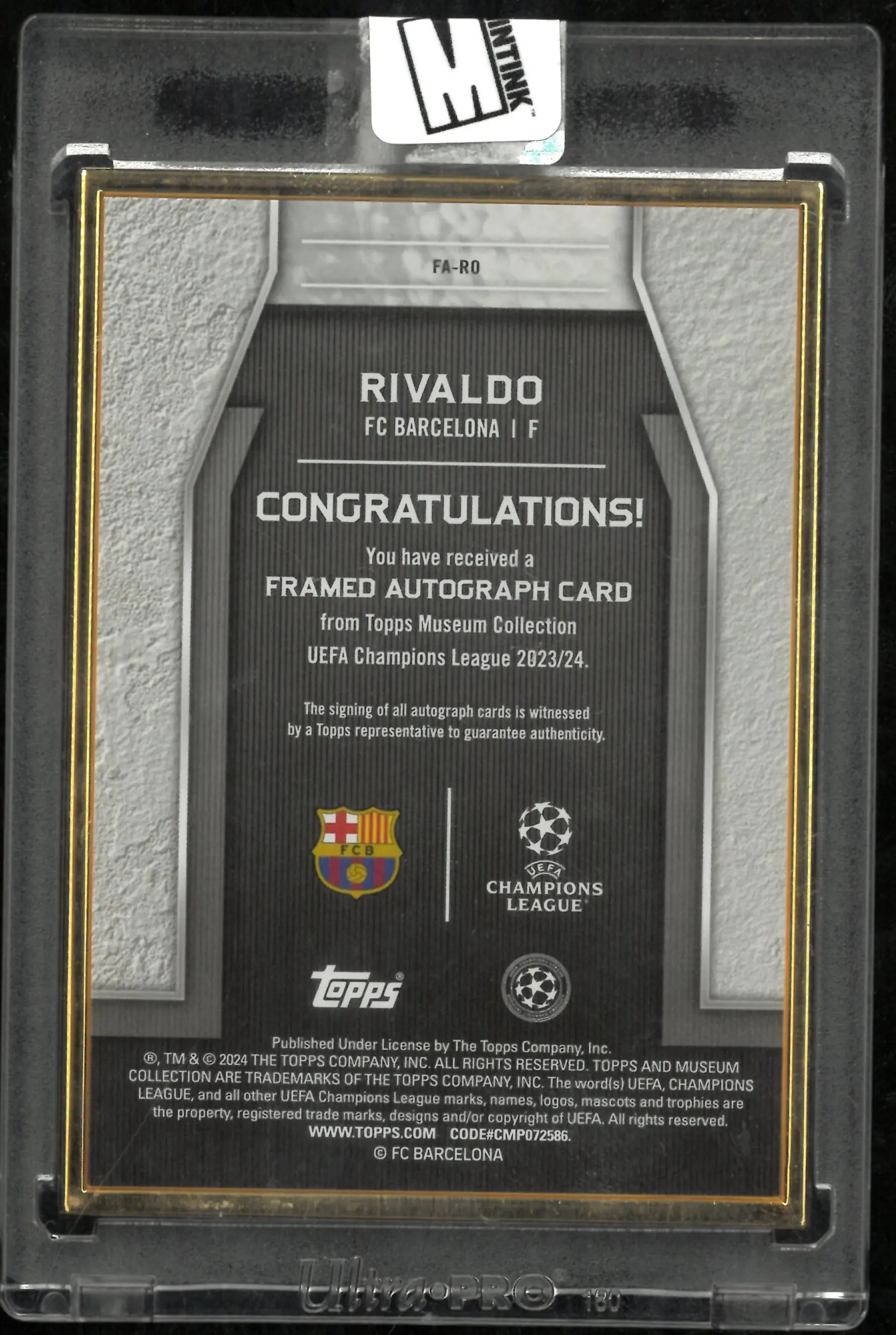 2023 Topps Museum UEFA CL Gold Framed Auto Rivaldo /10 