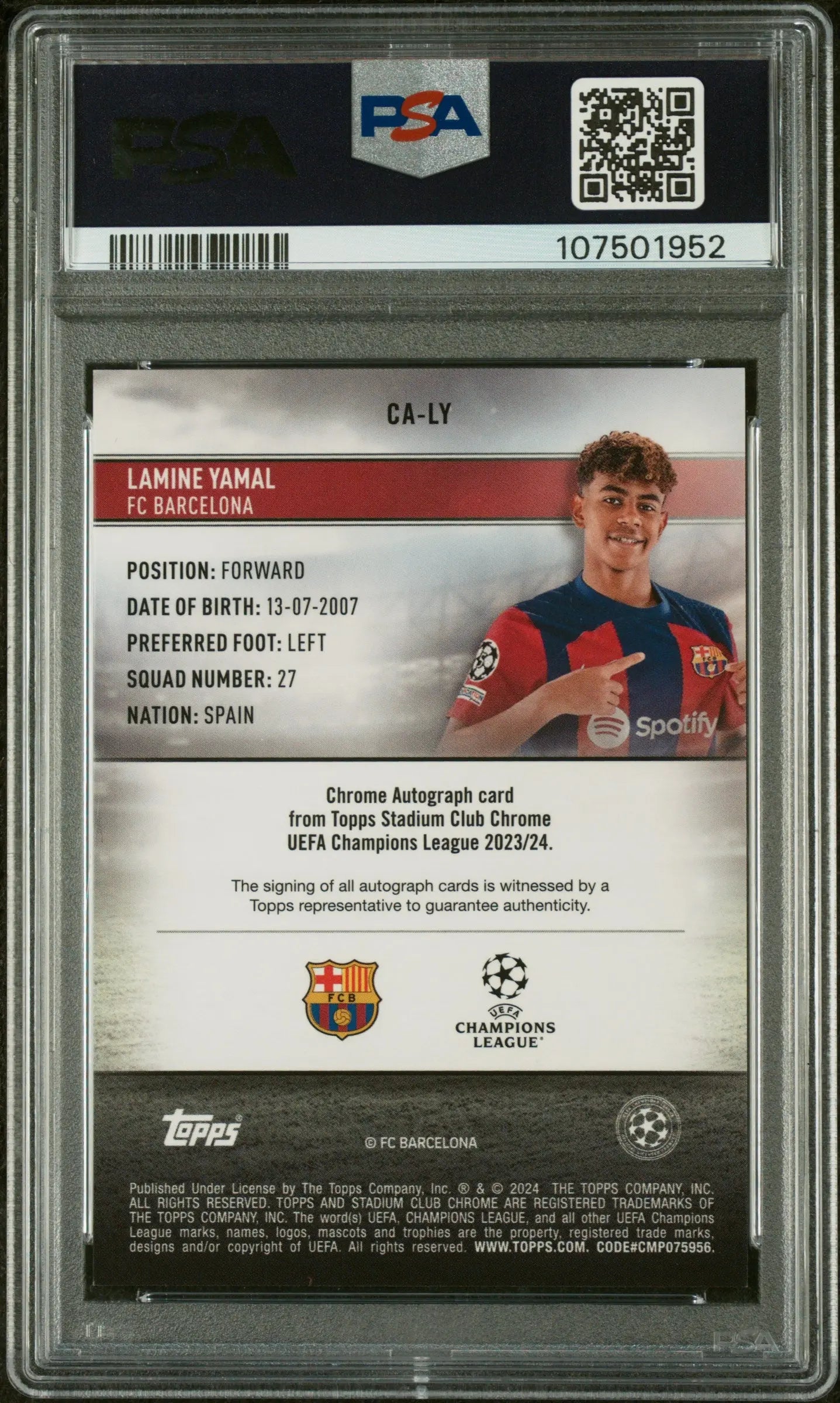 2023 Topps Stadium Club Chrome UCC Rookie Auto Lamine Yamal Blue Wave PSA 9 /75 