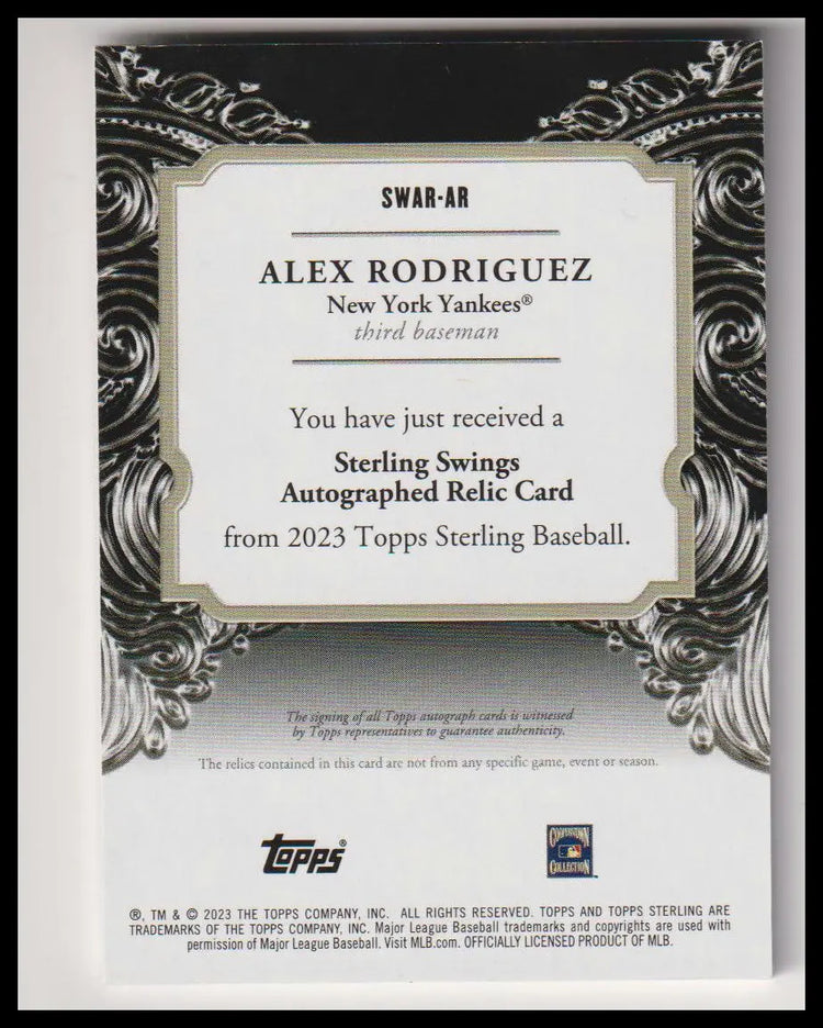 2023 Topps Sterling Swings Autograph Relics Blue #SWAR-AR Alex Rodriguez #/10 