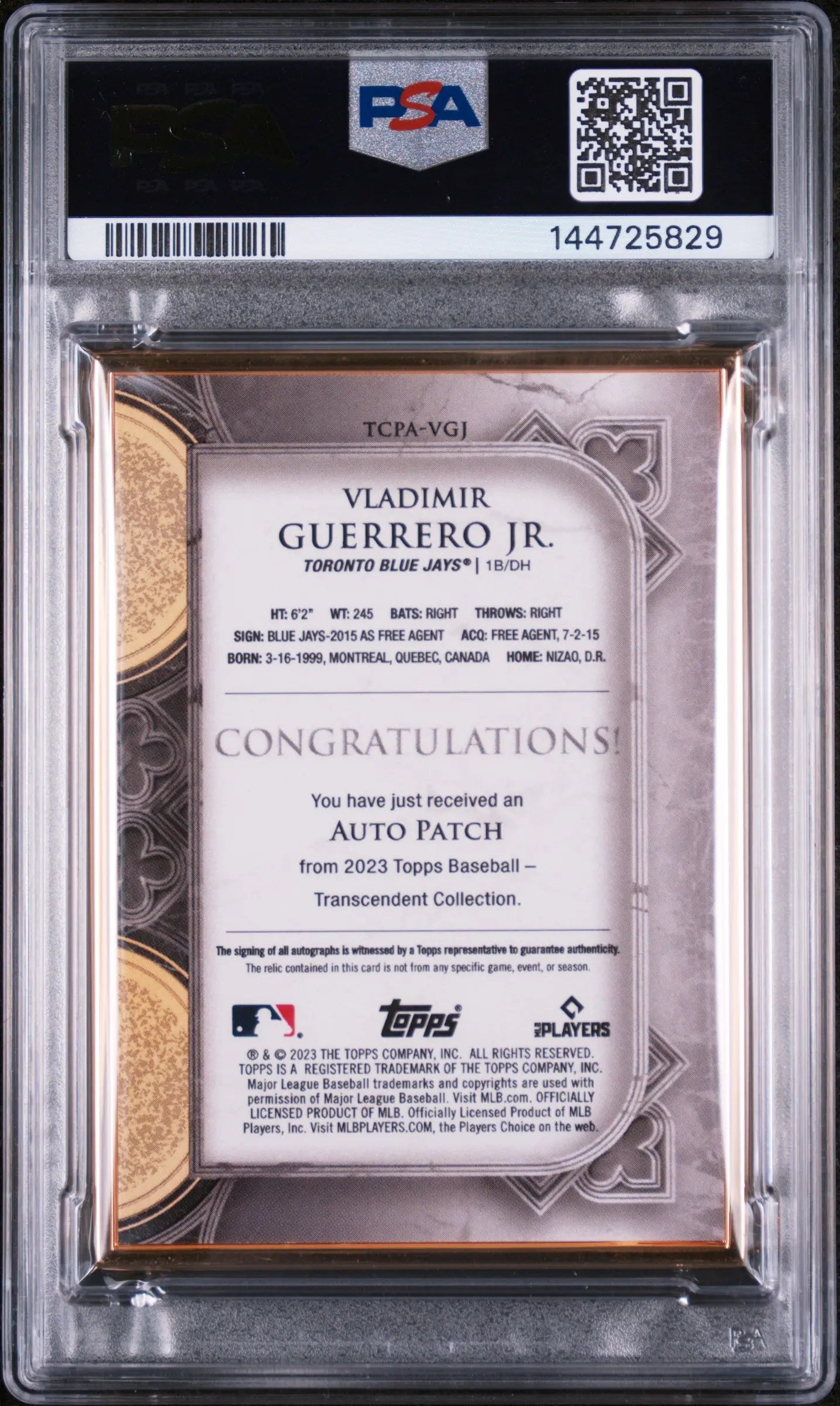 2023 Topps Transcendent Gold Frame Patch Auto Vladimir Guerrero JR. /15 PSA 10 