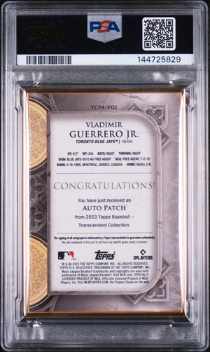 2023 Topps Transcendent Gold Frame Patch Auto Vladimir Guerrero JR. /15 PSA 10 