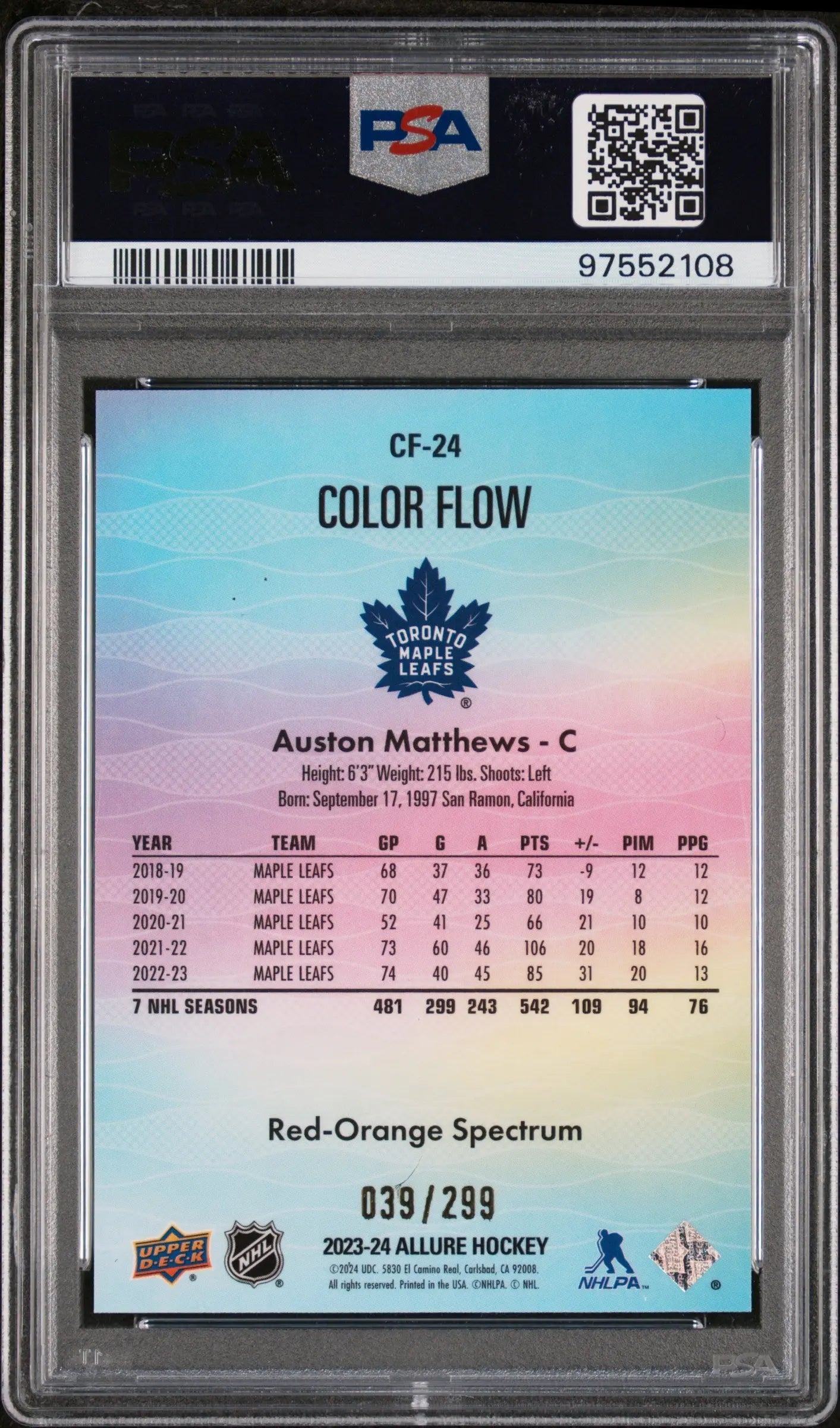 2023 UD Allure Color Flow Red/Orange Spectrum Auston Matthews PSA 10 039/299 