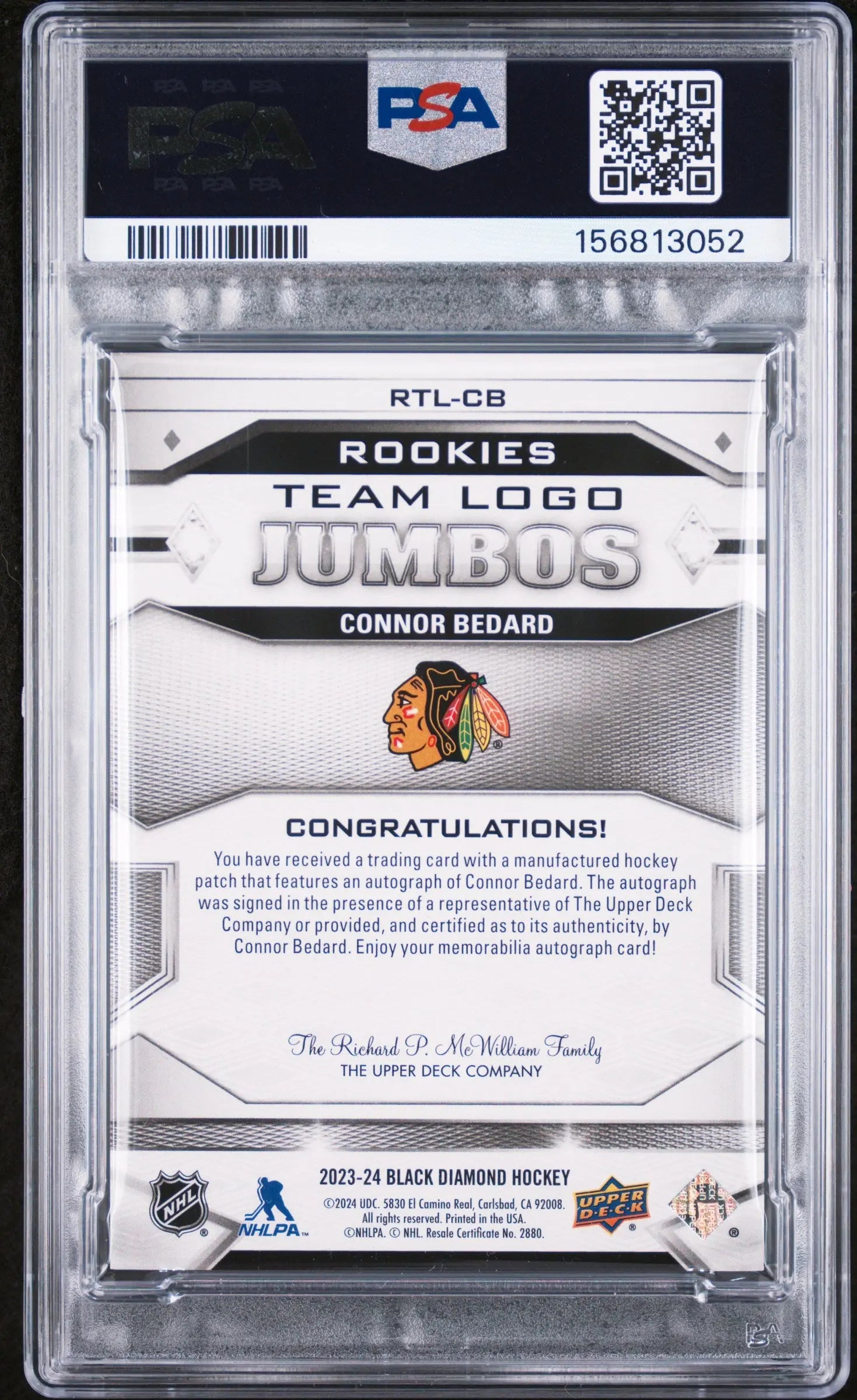 2023 UD Black Diamond RC Team Logo Patch Auto Connor Bedard /99 PSA Authentic 