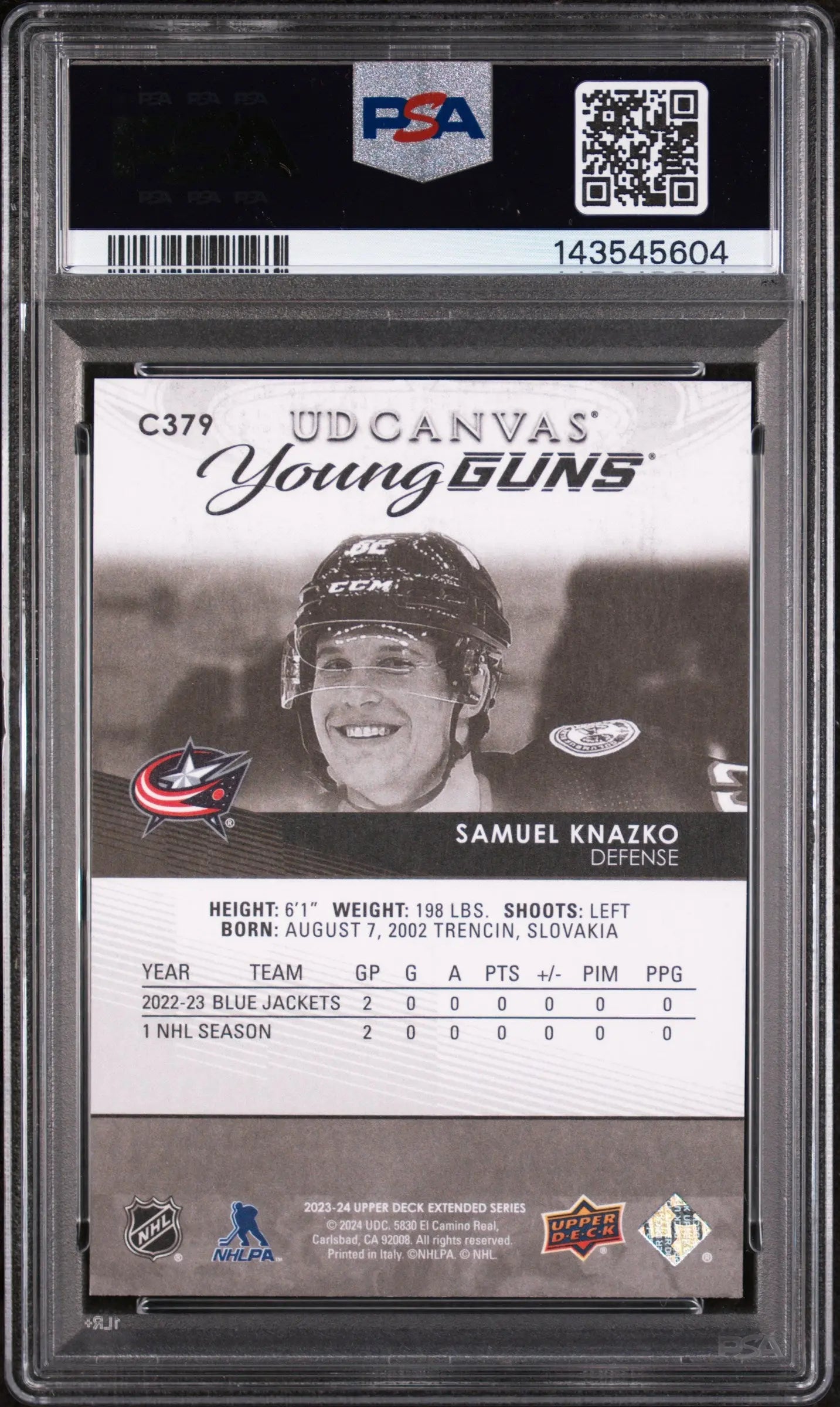 2023 UD Canvas Extended Series Young Guns Rookie Samuel Knazko  B&W RC PSA 10 