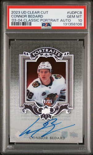 2023 UD Clear Cut 03-04 Classic Portrait Auto Connor Bedard RC Silver /35 PSA 10 
