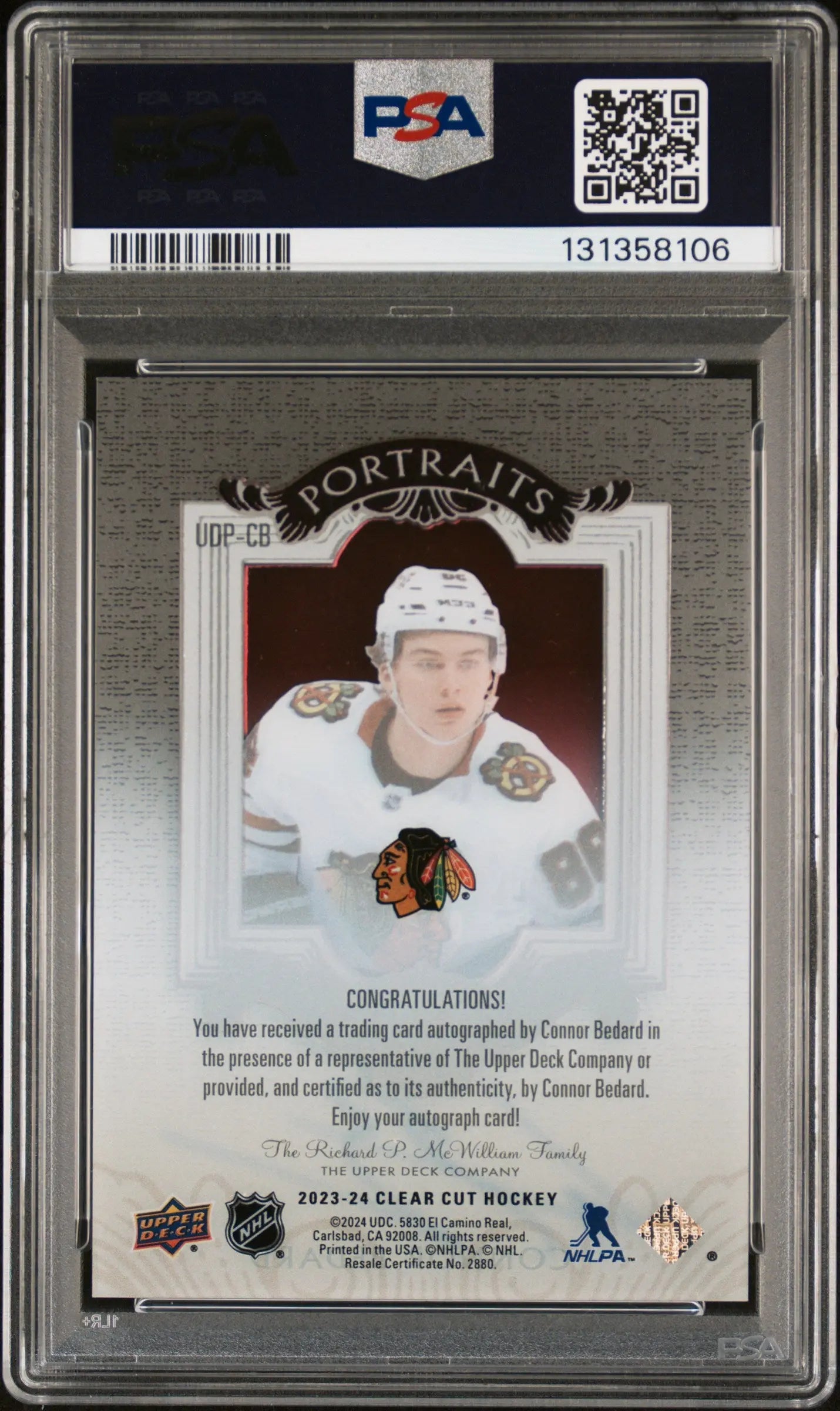 2023 UD Clear Cut 03-04 Classic Portrait Auto Connor Bedard RC Silver /35 PSA 10 