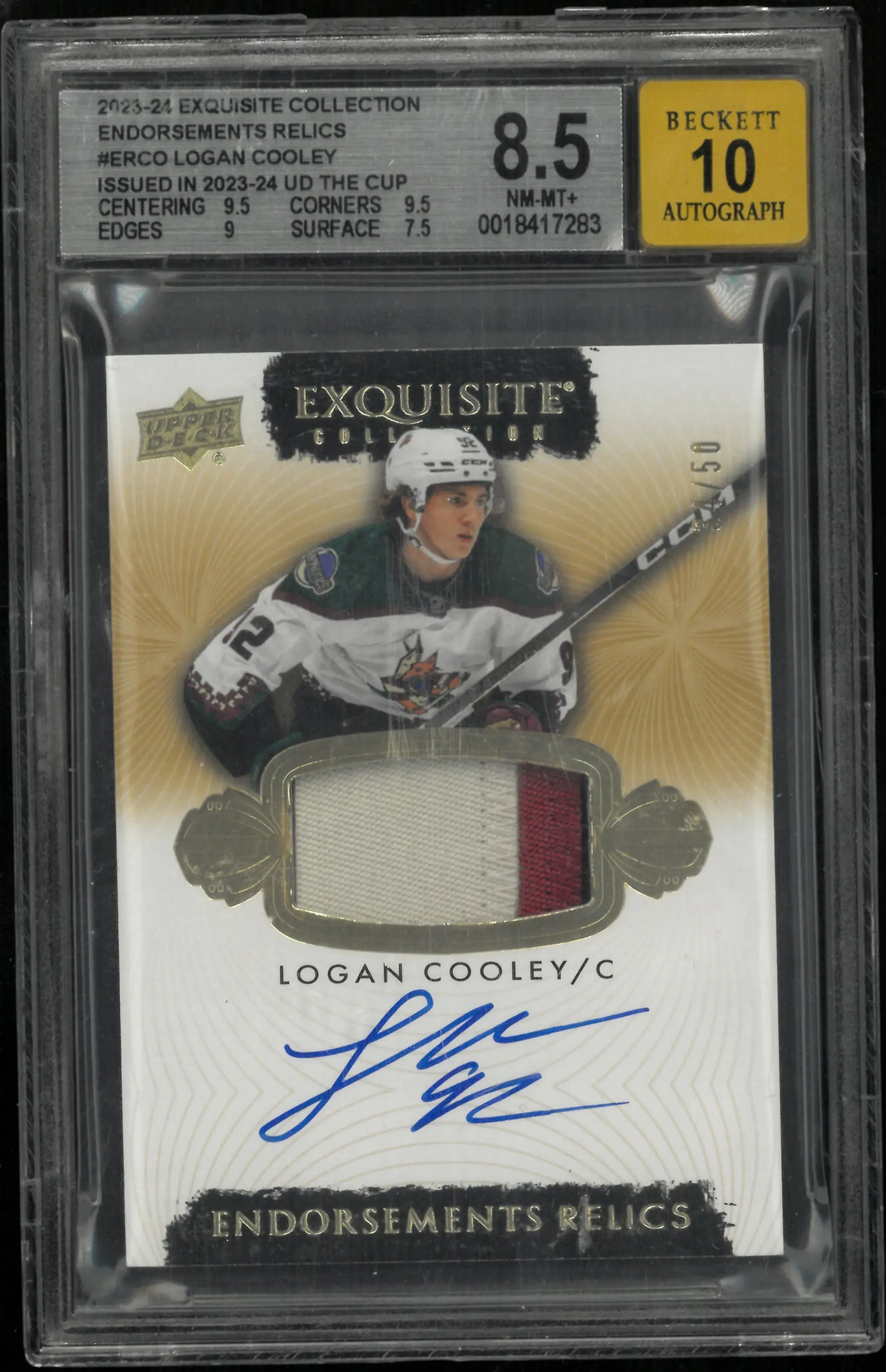 2023 UD Exquisite Endorsements Relics Patch Auto Logan Cooley RC BGS 8.5 /50 