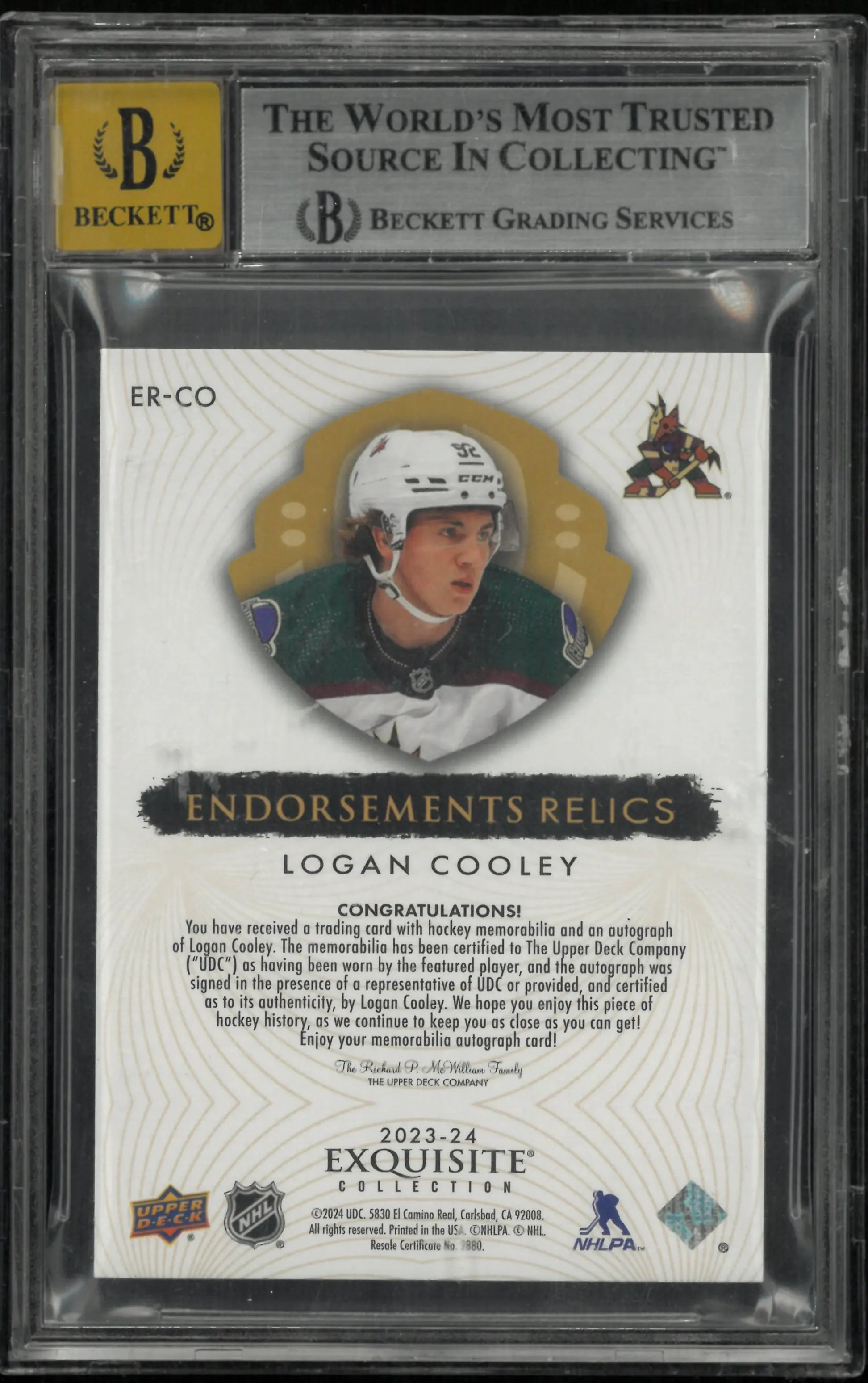 2023 UD Exquisite Endorsements Relics Patch Auto Logan Cooley RC BGS 8.5 /50 
