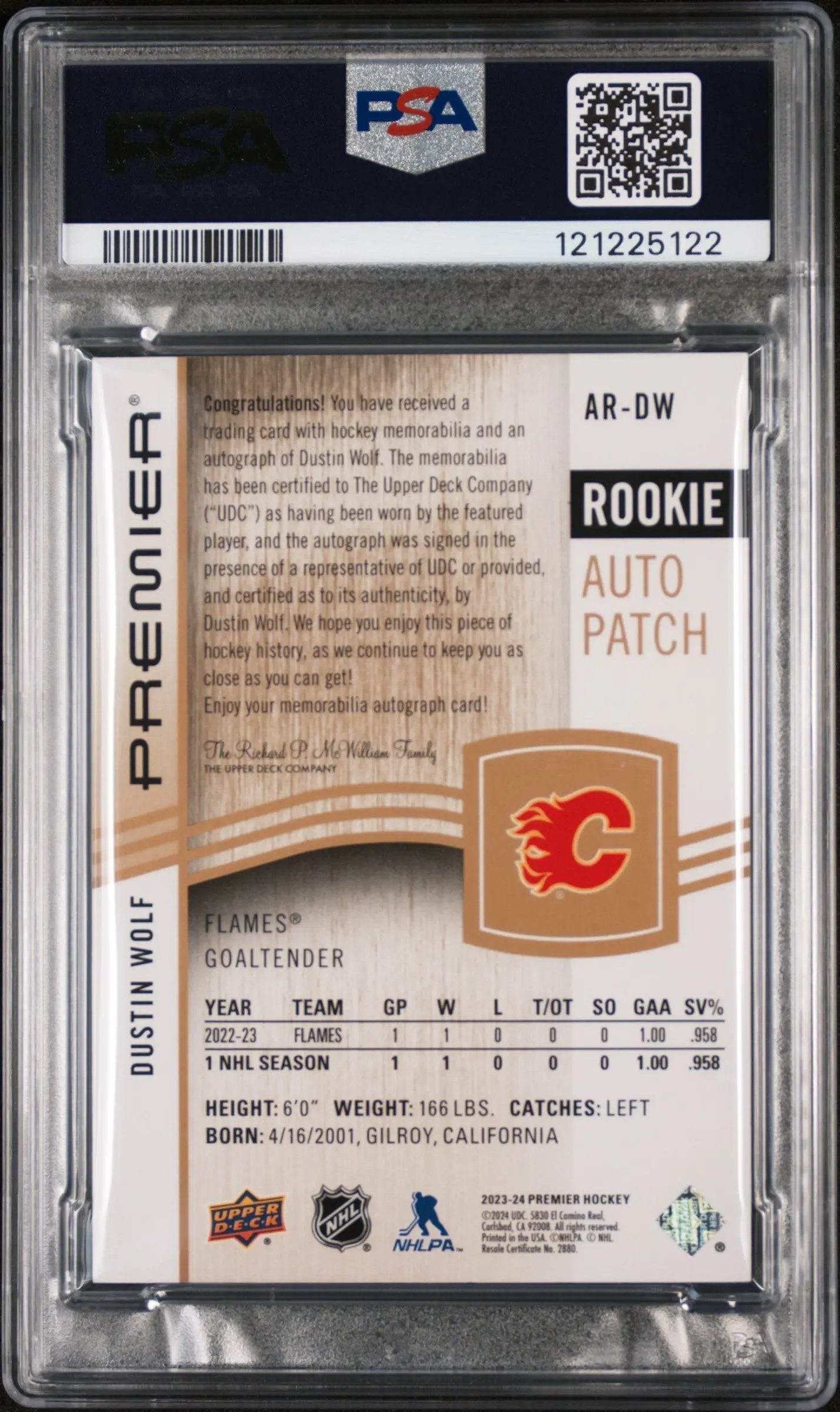 2023 UD Premier Acetate Rookie Autograph Patch Auto Dustin Wolf Gold /65 PSA 10 