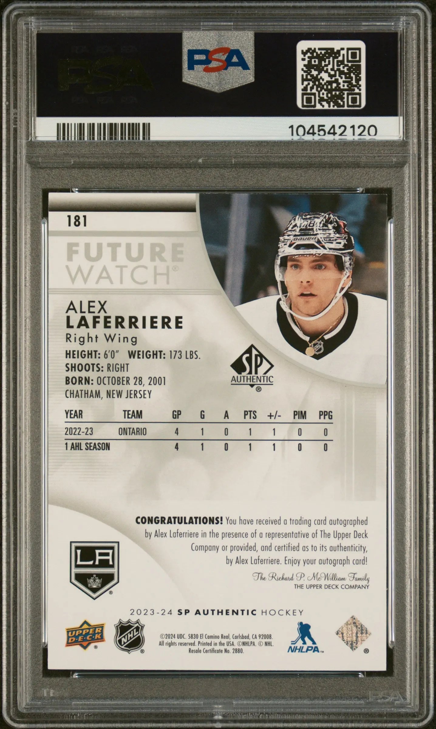 2023 UD SP Authentic Alex Laferriere Future Watch RC Auto Inscribed PSA 9 /999 