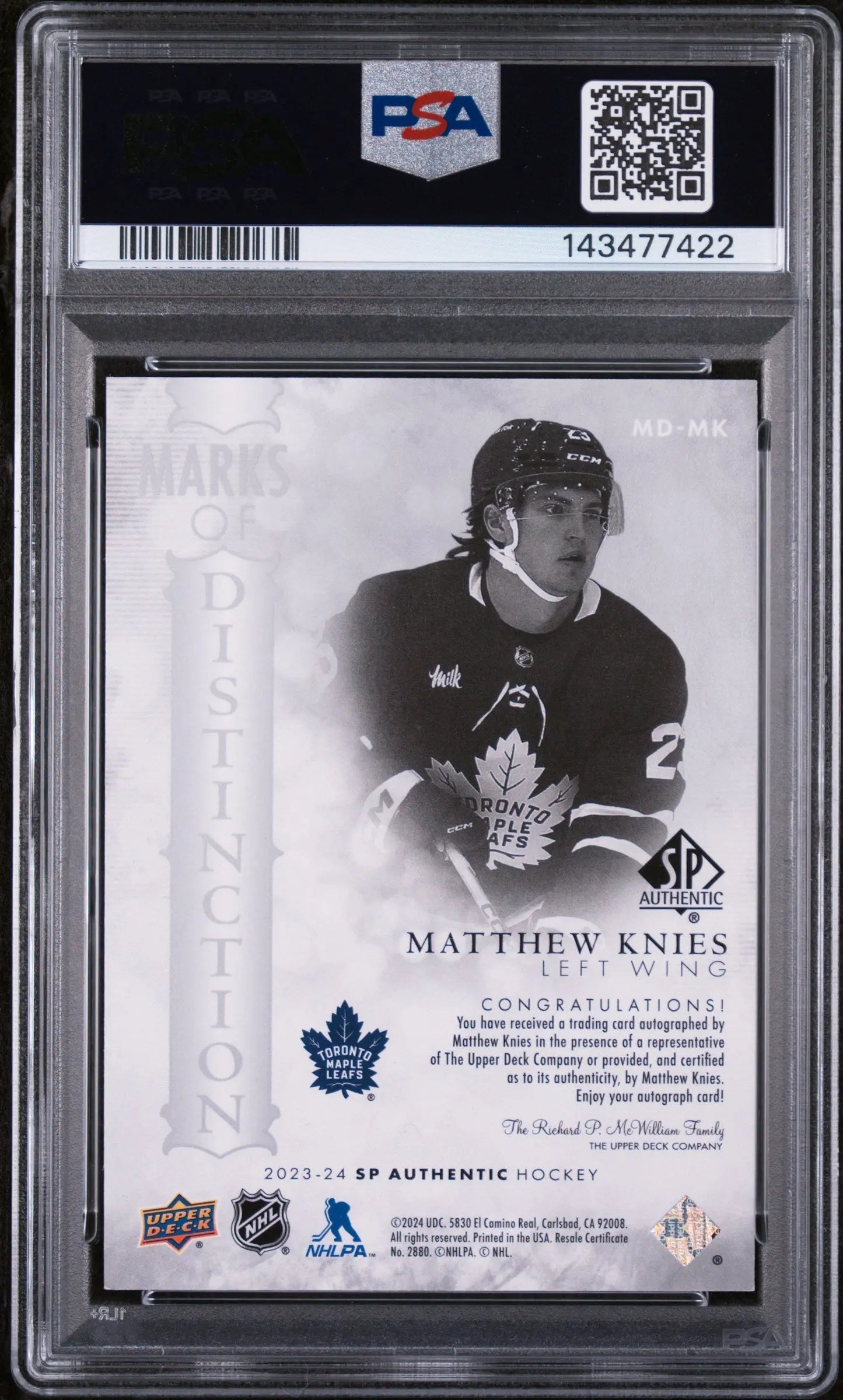 2023 UD SP Authentic Marks Of Distinction Auto Matthew Knies RC /25 PSA 8 