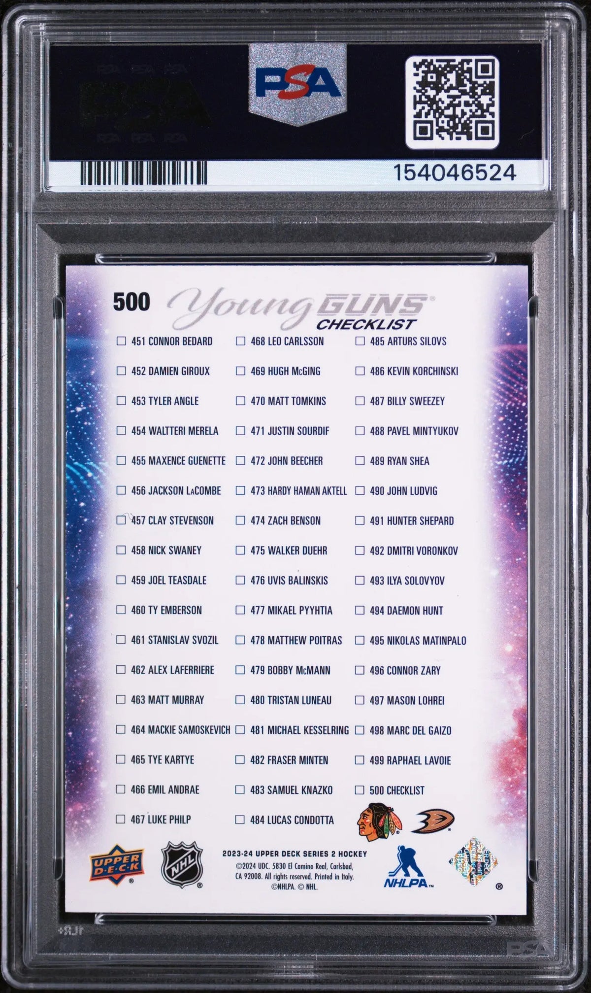 2023 UD Series 2 Young Guns Rookie Checklist Bedard/Carlsson Exclusive/100 PSA 8 