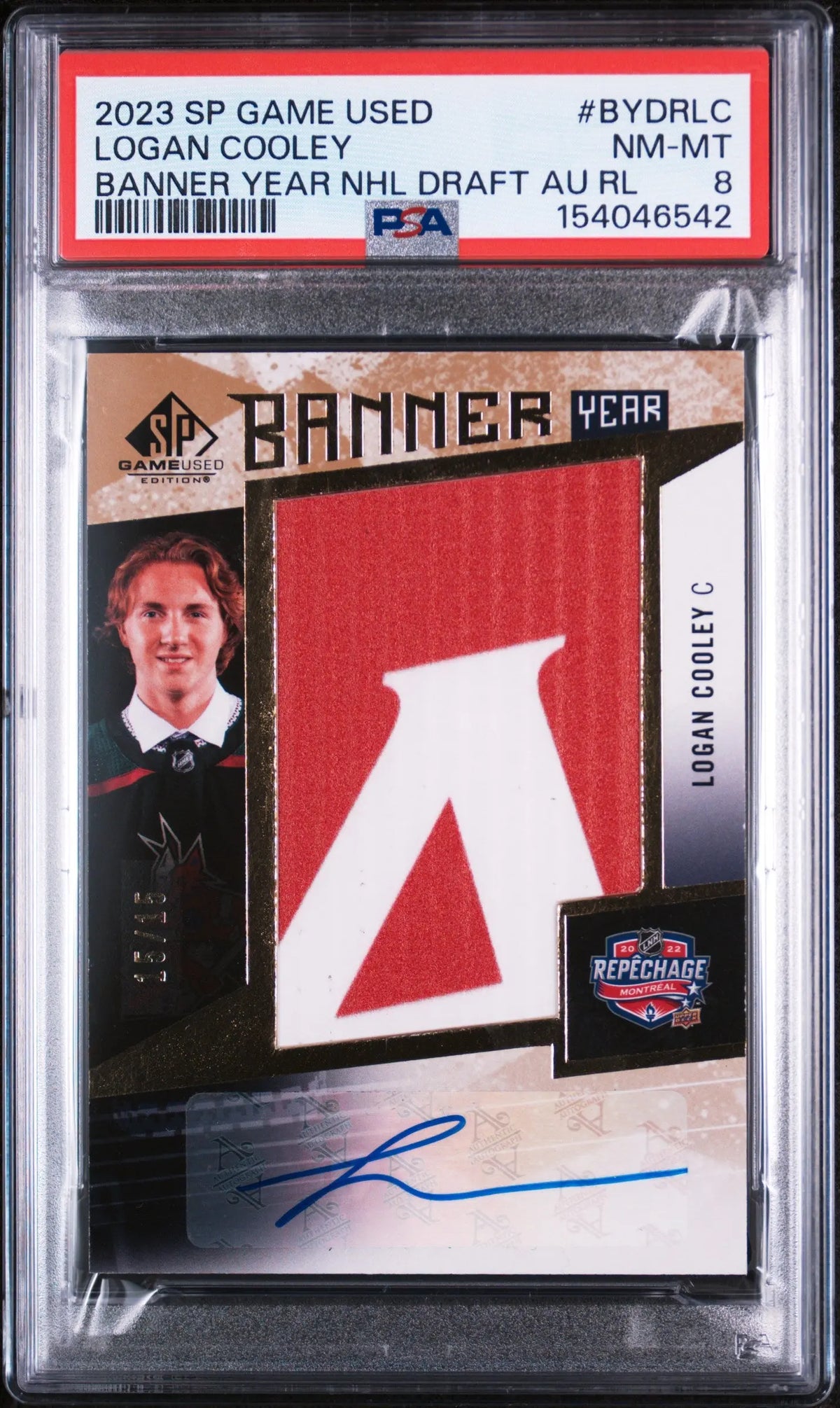 2023 UD Sp Game Used Banner Year NHL Draft Autograph Logan Cooley /15 PSA 8 