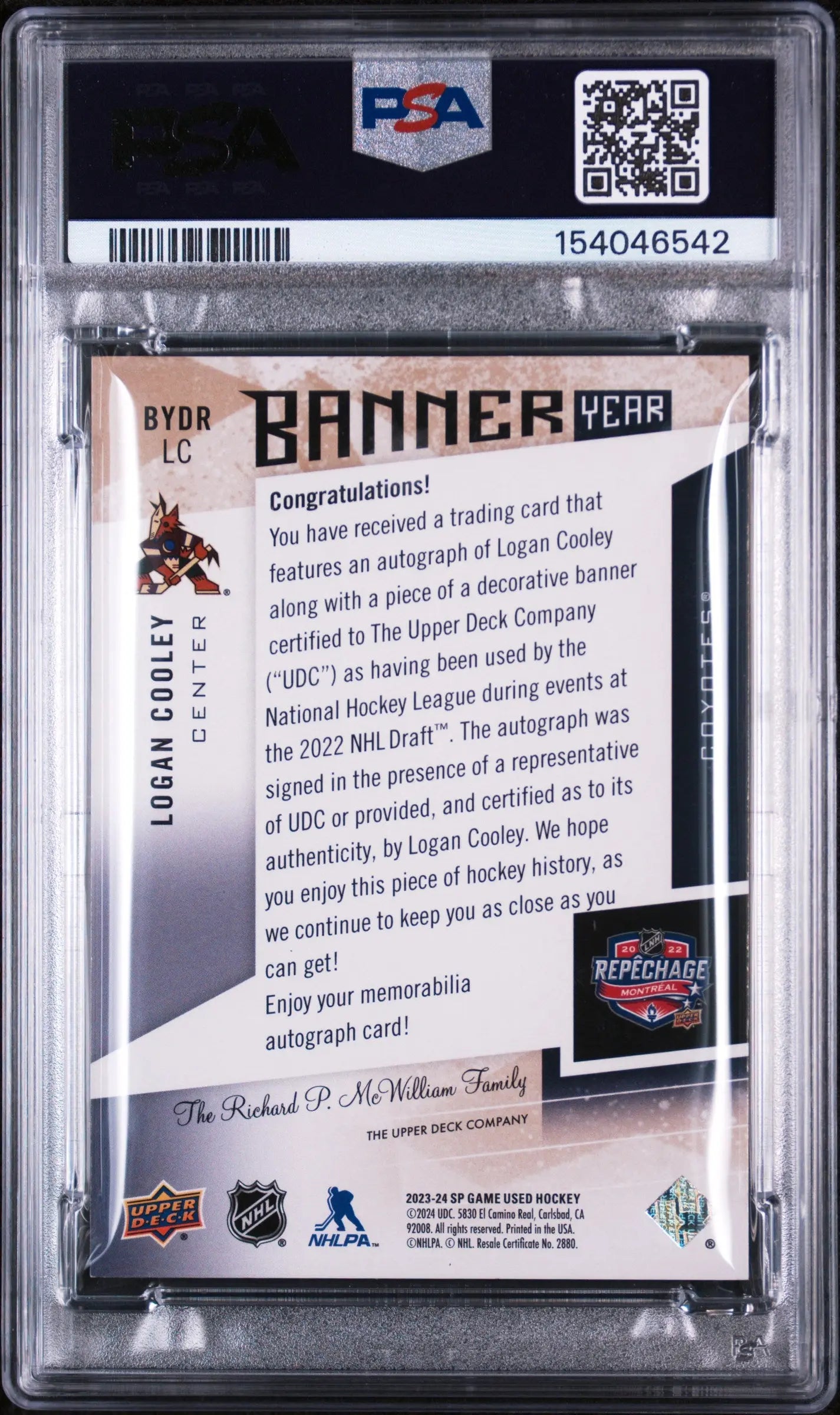 2023 UD Sp Game Used Banner Year NHL Draft Autograph Logan Cooley /15 PSA 8 