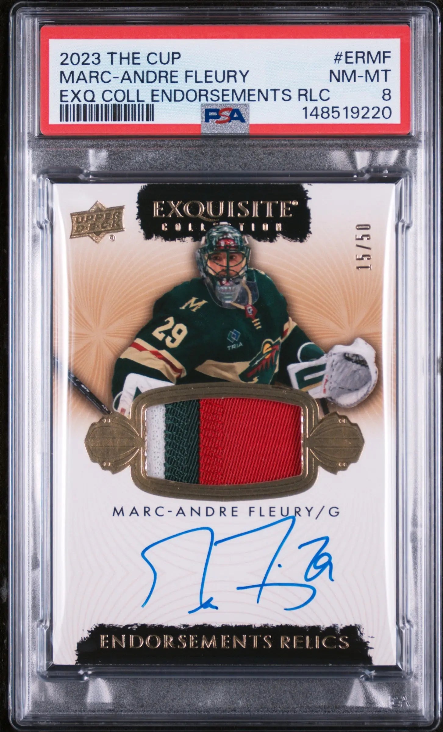2023 UD The Cup Exquisite Col Endorsements Auto Patch Marc-Andre Fleury/50 PSA 8 