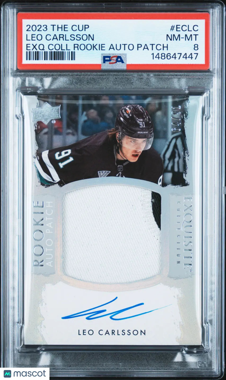 2023 UD The Cup Exquisite RC Rookie Auto Patch Leo Carlsson PSA 8 /91 