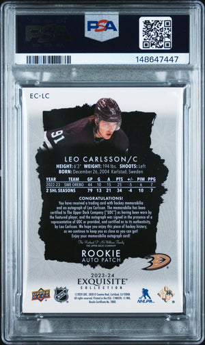 2023 UD The Cup Exquisite RC Rookie Auto Patch Leo Carlsson PSA 8 /91 