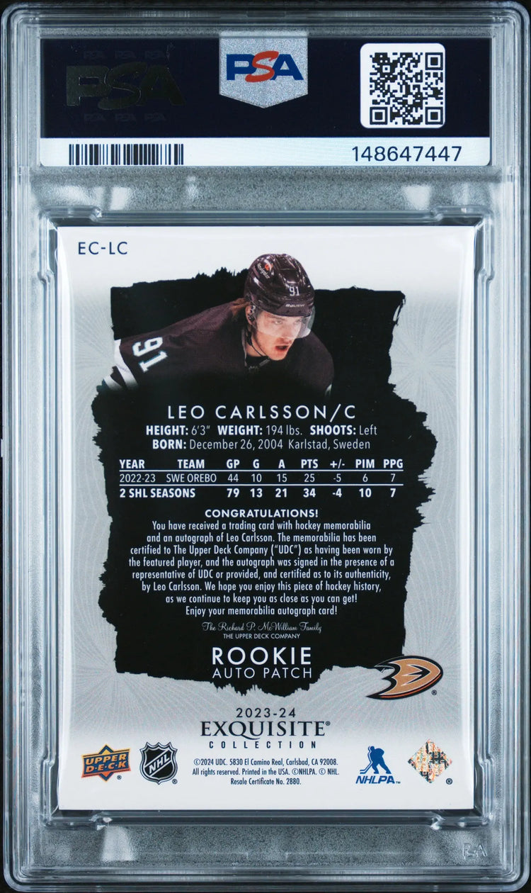 2023 UD The Cup Exquisite RC Rookie Auto Patch Leo Carlsson PSA 8 /91 