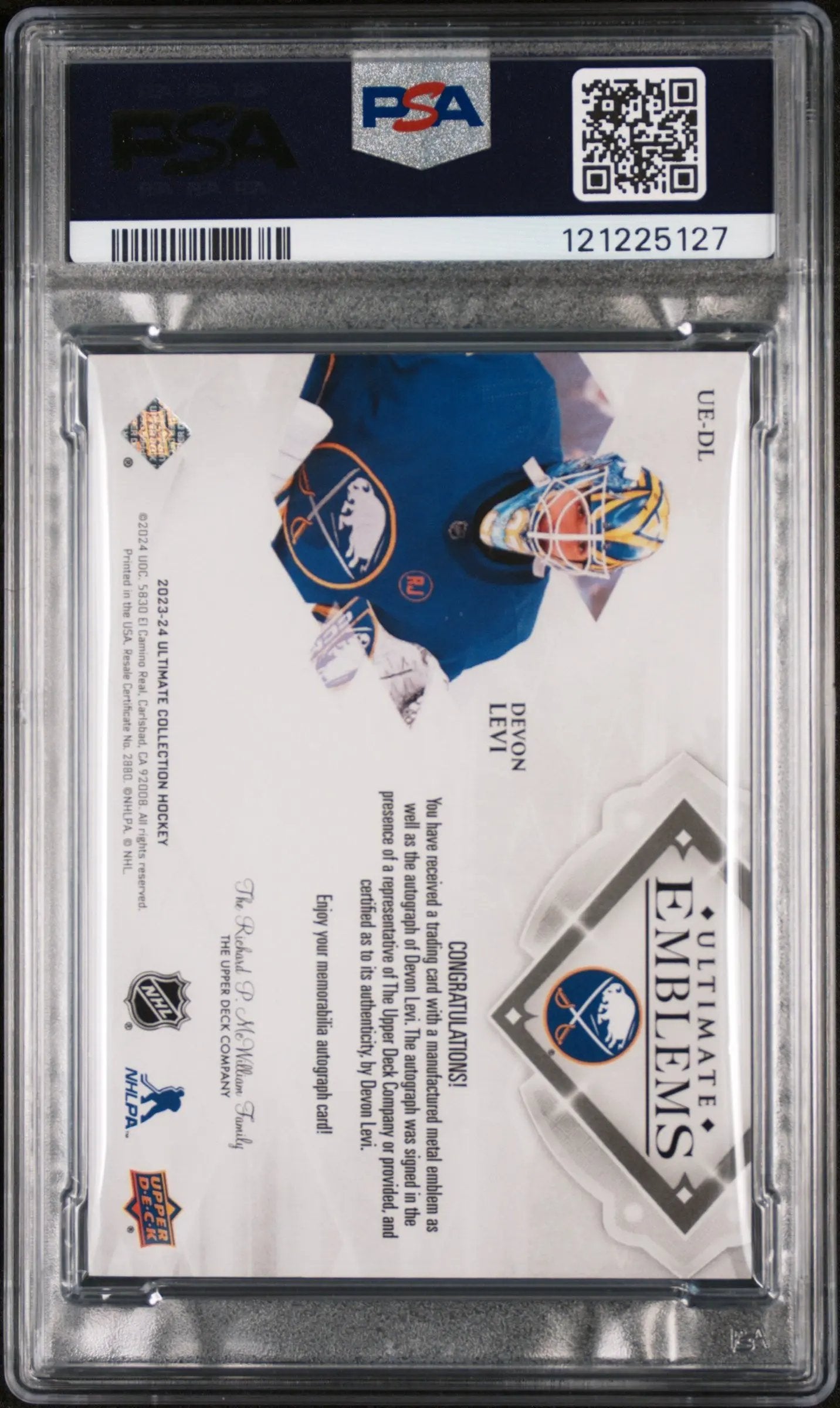 2023 UD Ultimate Collection Ultimate Emblems Autograph Rookies Devon Levi PSA 10 