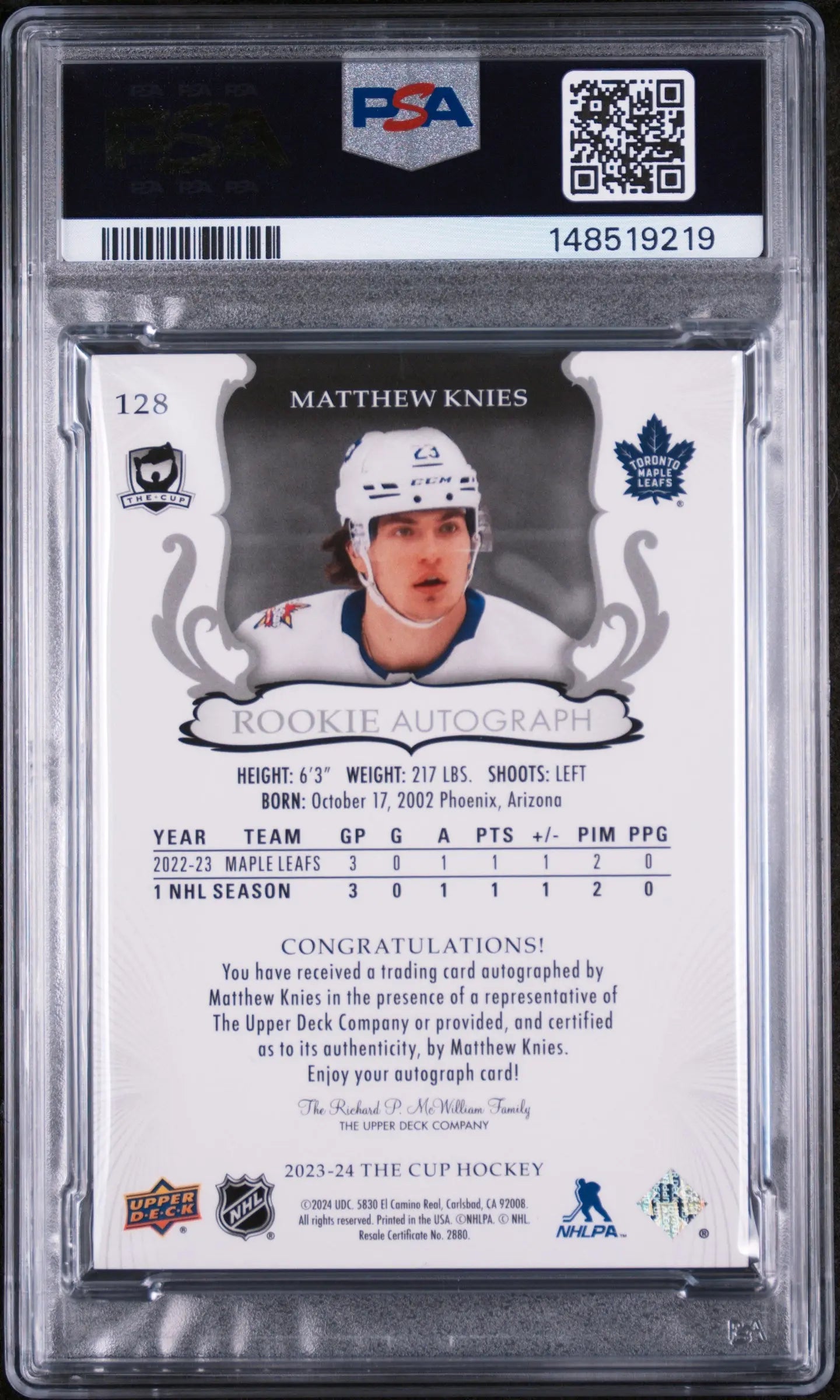 2023 UDThe Cup Rookie Autograph Matthew Knies Auto Gold Spectrum Foil /36 PSA 9 