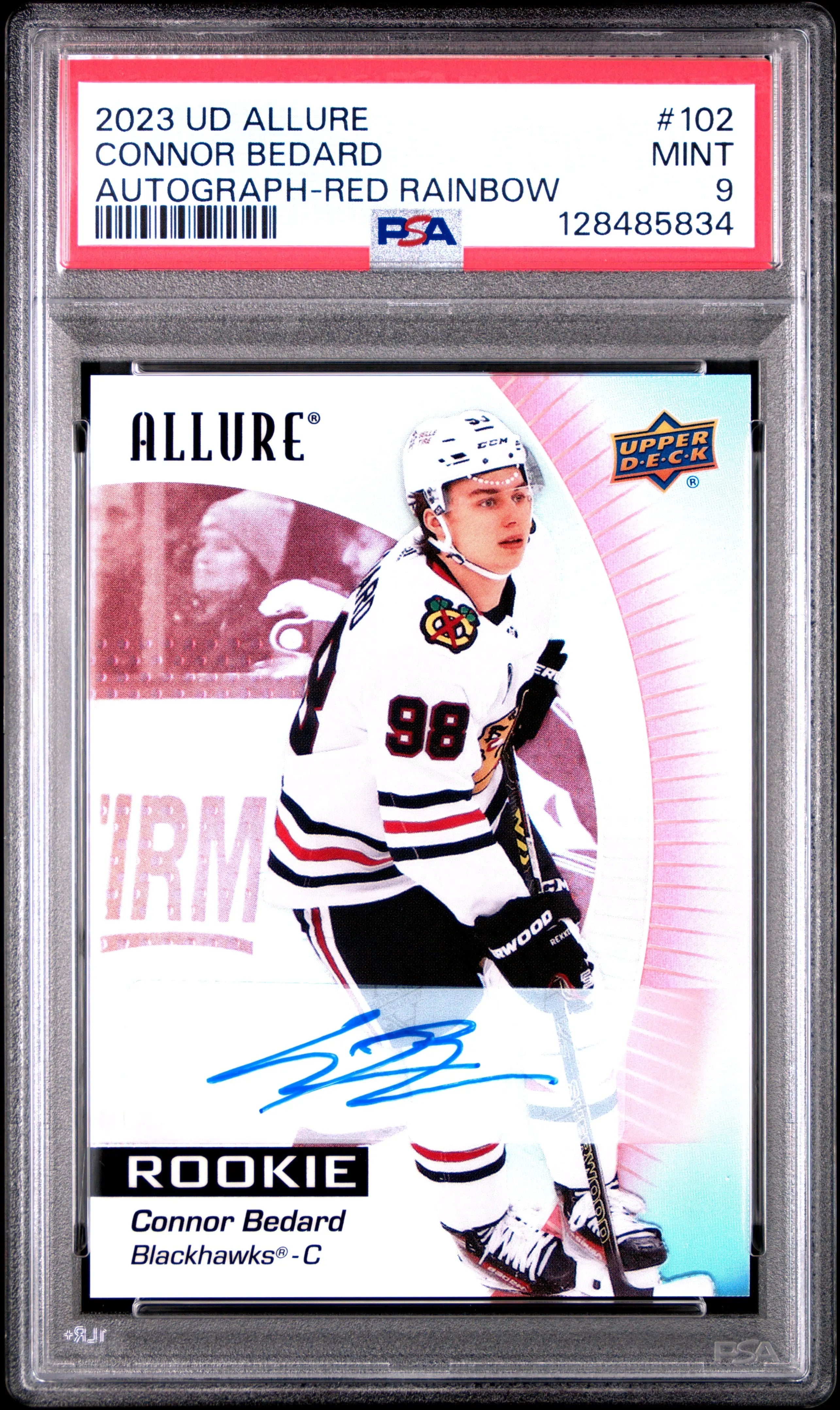 2023 Upper Deck Allure Rookie Autograph Connor Bedard Auto Red Rainbow PSA 9 
