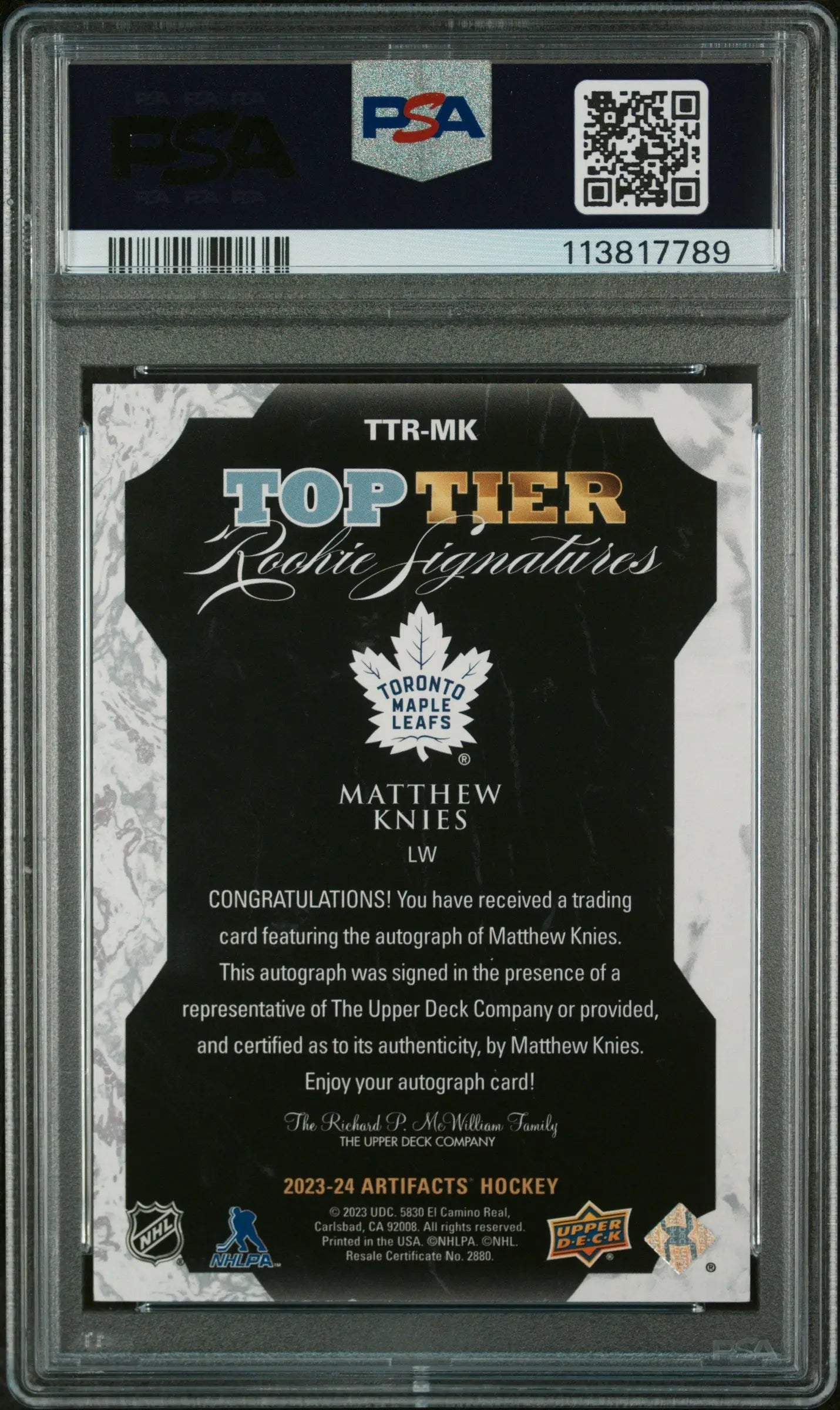 2023 Upper Deck Artifacts Top Tier Rookie Signatures Auto Matthew Knies PSA 9 